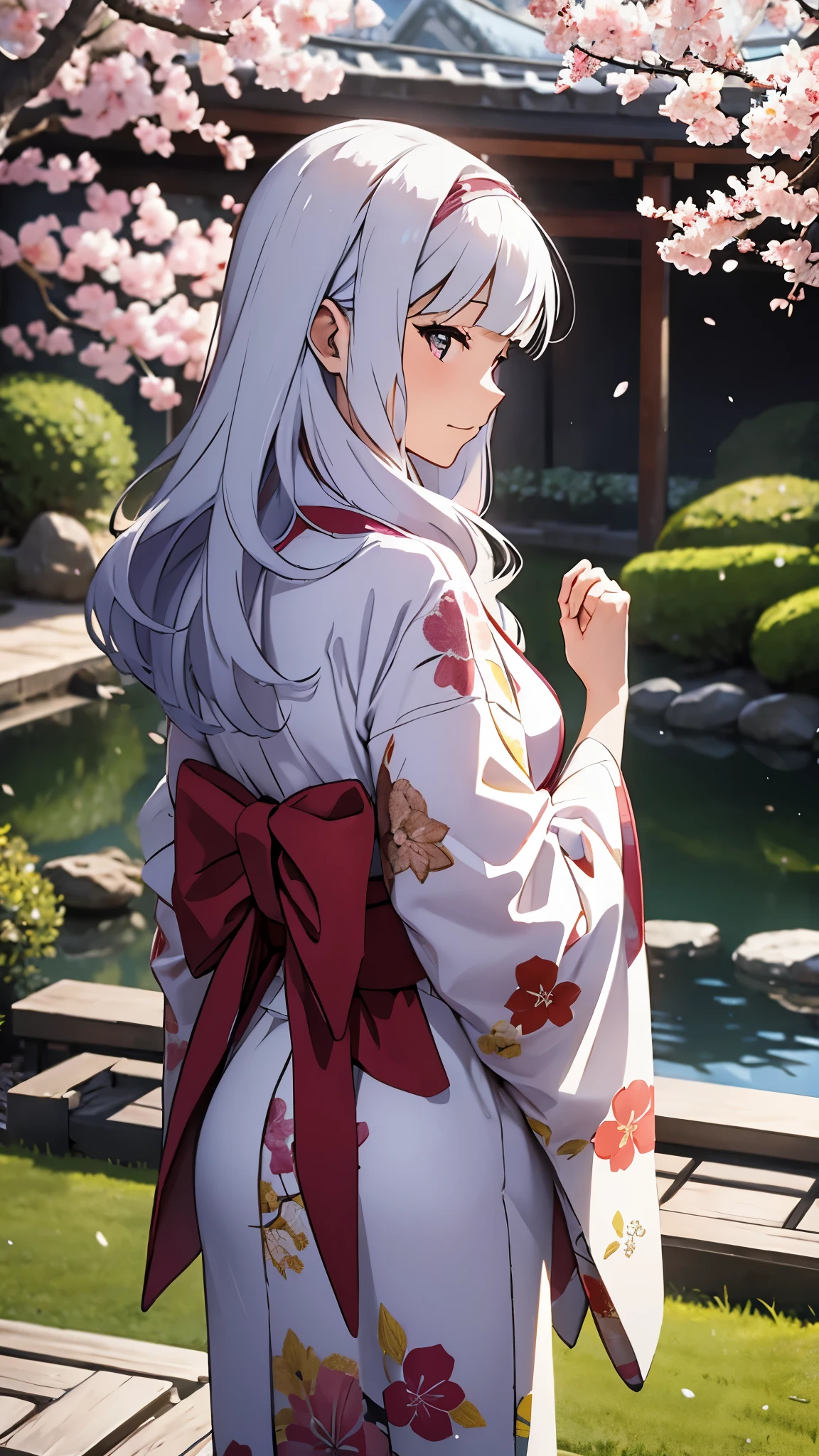 CG, unity, 8k, wallpaper, highest quality, masterpiece, lovely woman wearing a kimono, 18-year-old, long white hair, white skin, looking at the garden, (sad expression: 1.1), best lighting, complex pupils, complex textile, detailed background, in a traditional Japanese room, (A traditional Japanese garden can be seen in the background), There is a magnificent cherry tree in the garden, Cherry blossom petals are dancing, Fantastic, fleeting atmosphere, focus on background, view from behind