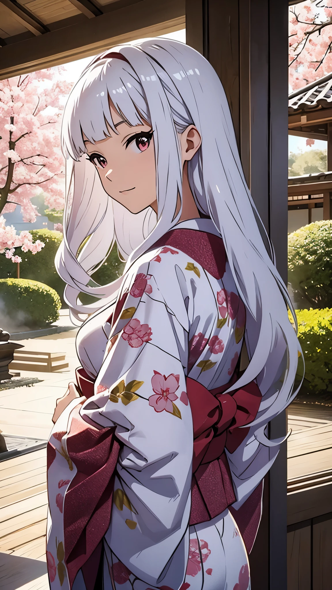 CG, unity, 8k, wallpaper, highest quality, masterpiece, lovely woman wearing a kimono, 18-year-old, long white hair, white skin, looking at the garden, (sad expression: 1.1), best lighting, complex pupils, complex textile, detailed background, in a traditional Japanese room, (A traditional Japanese garden can be seen in the background), There is a magnificent cherry tree in the garden, Cherry blossom petals are dancing, Fantastic, fleeting atmosphere, focus on background, view from behind