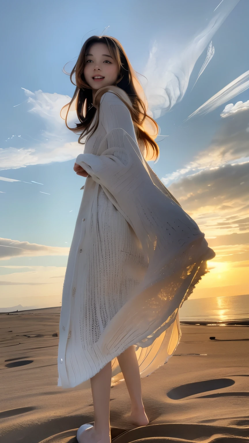 masterpiece, highest quality, movie stills, 1 girl, Cloud Girl, floating in the sky, close, bright, Happy, warm and soft lighting, sunset, (spark:0.7)