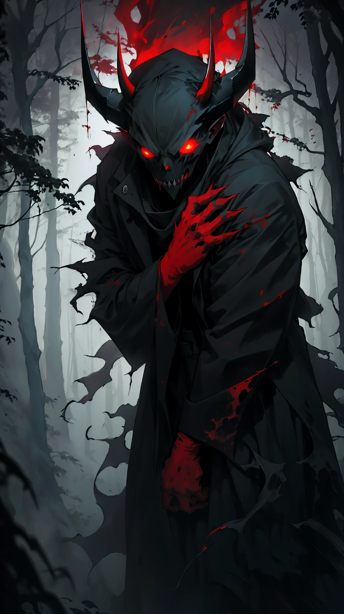 (detailed horns mask:1.2),(dark,evil) atmosphere,(mysterious,ominous,gritty) texture,1demonic character,sharp fangs,glowing red eyes,long sharp horns,pale skin,black claws,overgrown dark forest,ominous moonlight,heavy fog,spooky ambiance,bloody red color scheme,haunting shadows,creepy mist,horror genre,nightmarish,dynamic lighting,high contrast,ethereal feel,vivid colors
