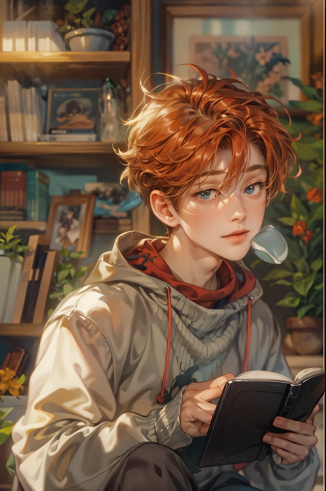 ((Best quality)), ((masterpiece)), (detailed), ((perfect face)), ((halfbody)) handsome young boy artist, red hair, engaging in various activities within his cozy home nestled in a serene forest. Capture moments of his daily life, such as playing ps5, using his smartphone, digital painting, reading, playing a musical instrument, or enjoying a cup of tea, as he explores his creativity and self-discovery, all while surrounded by the warmth and comfort of his sanctuary
