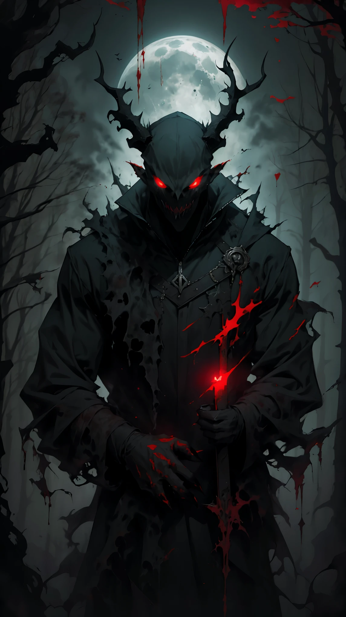 (detailed horns mask:1.2),(dark,evil) atmosphere,(mysterious,ominous,gritty) texture,1demonic character,sharp fangs,glowing red eyes,long sharp horns,pale skin,black claws,overgrown dark forest,ominous moonlight,heavy fog,spooky ambiance,bloody red color scheme,haunting shadows,creepy mist,horror genre,nightmarish,dynamic lighting,high contrast,ethereal feel,vivid colors