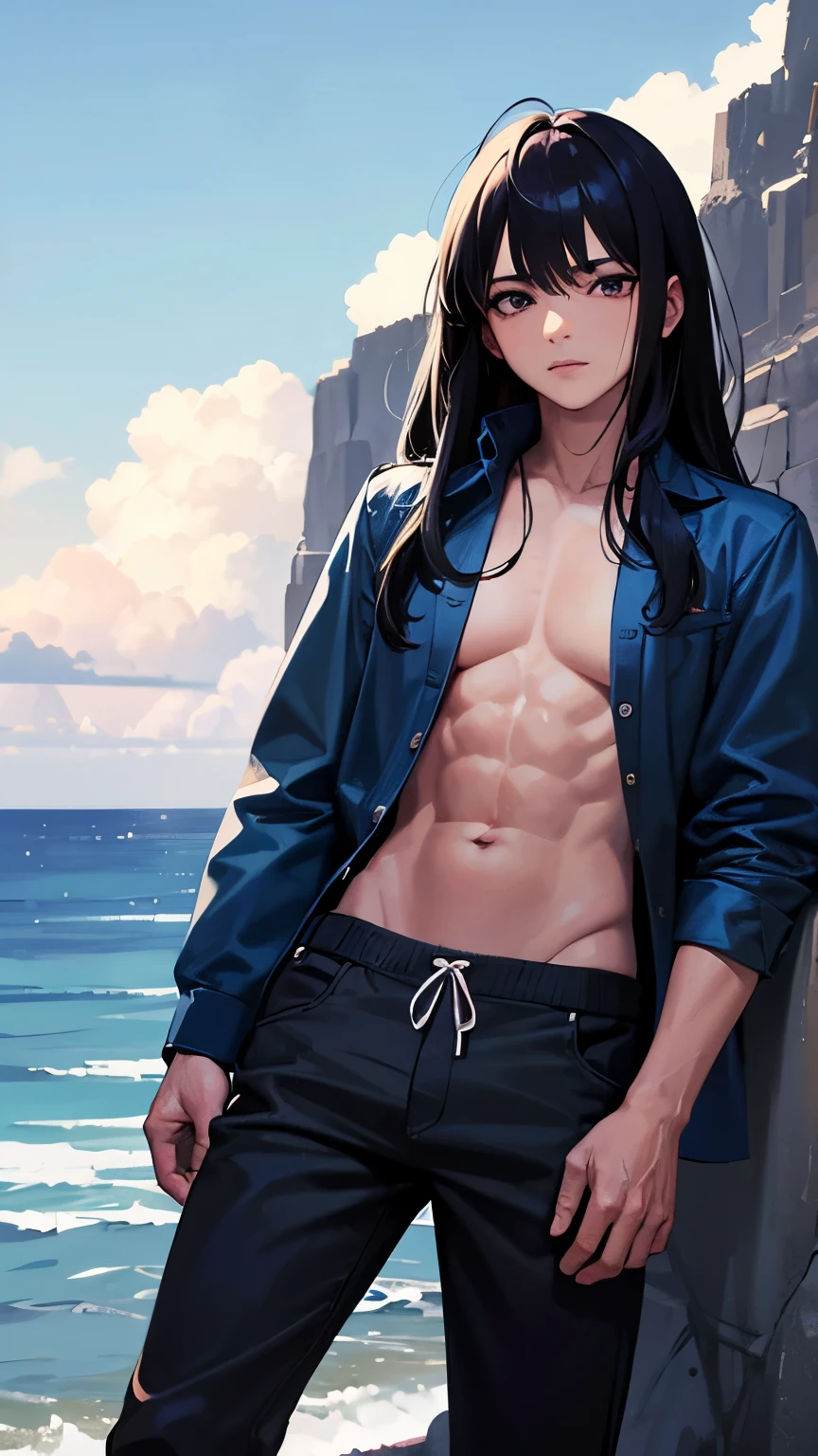 Mejor calidad, Obra maestra, high resolution,1 hombre,hermoso rostro,cuerpo completo,ropa invernal, abrigo azul,mano derecha sostiene agua girando, Pacific Ocean,