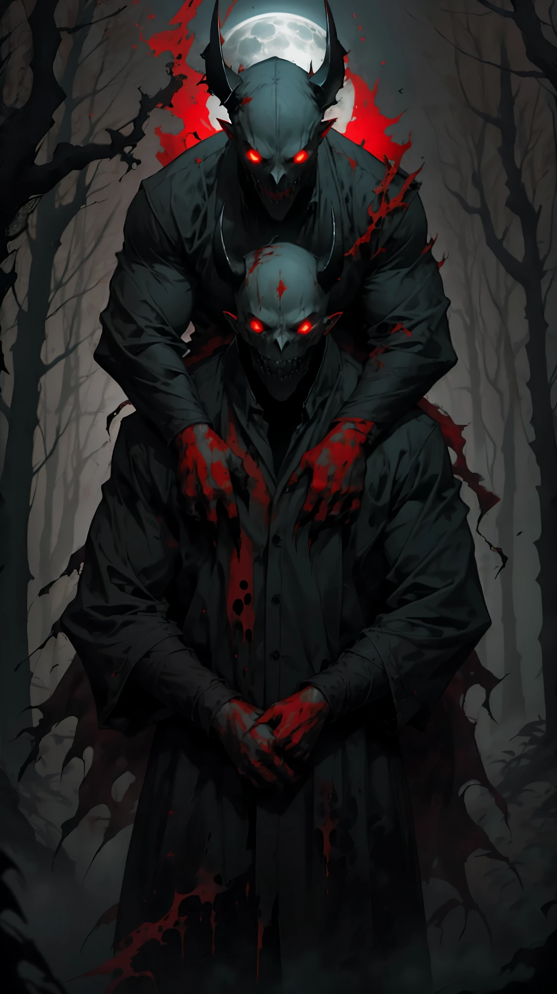 (detailed horns mask:1.2),(dark,evil) atmosphere,(mysterious,ominous,gritty) texture,1demonic character,sharp fangs,glowing red eyes,long sharp horns,pale skin,black claws,overgrown dark forest,ominous moonlight,heavy fog,spooky ambiance,bloody red color scheme,haunting shadows,creepy mist,horror genre,nightmarish,dynamic lighting,high contrast,ethereal feel,vivid colors