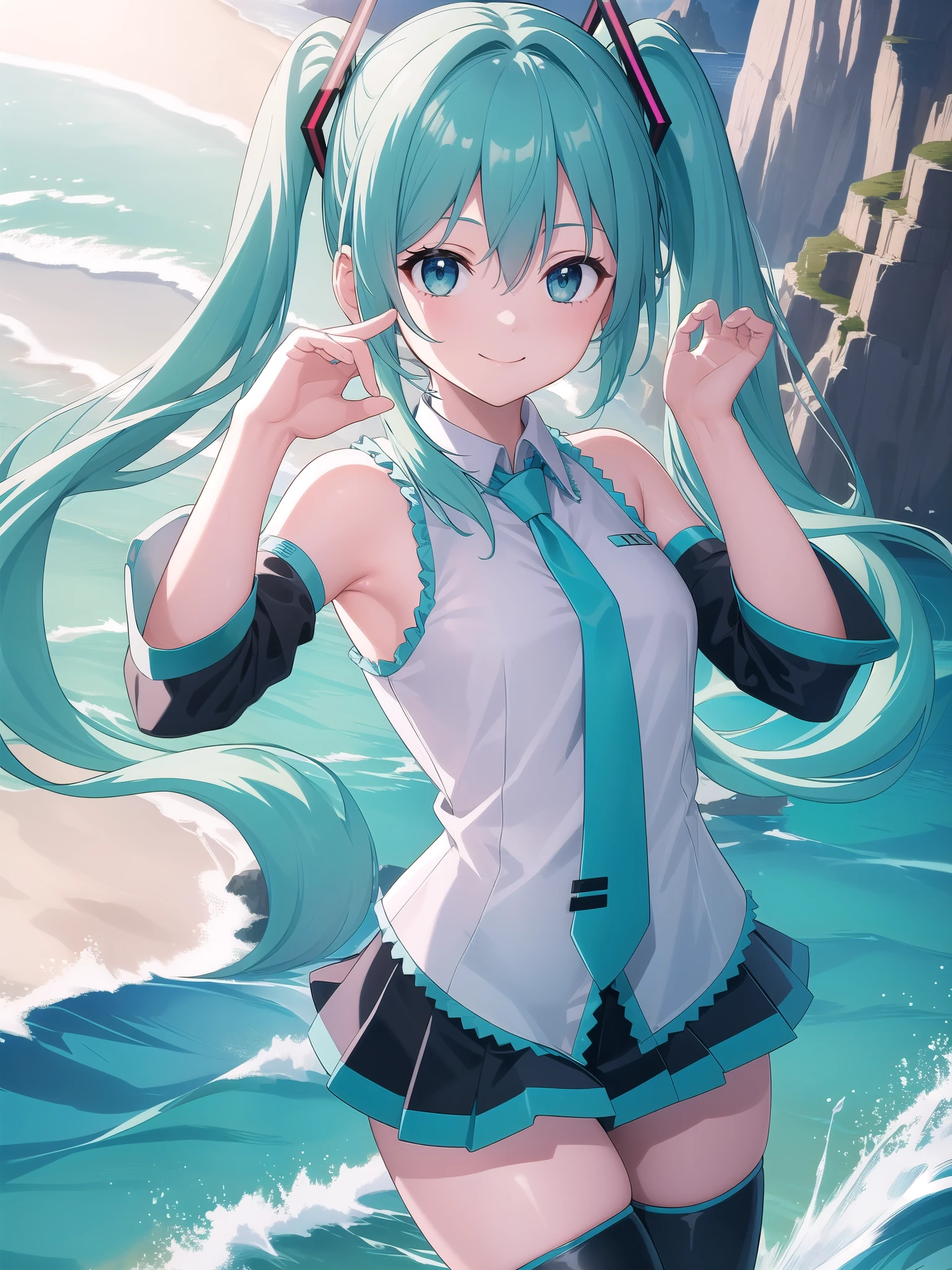 ((masterpiece)),(best quality),official art,extremely detailed CG,unity 8k wallpaper,ultra detailed,A lighthouse on a cliff by the sea,1girl,solo,upper body,(portrait:1.2),hatsune miku,looking at viewer,sleeveless shirt,white shirt,fringe,smile,black thighhighs,hair between eyes,twintails,very long hair,aqua eyes,aqua hair,detached sleeves,miniskirt,aqua necktie,thigh boots,