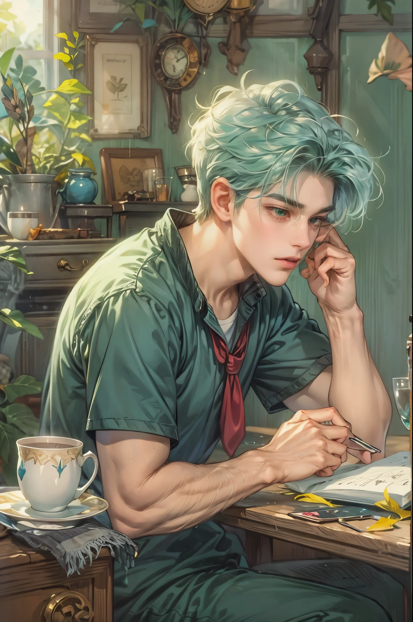 ((Best quality)), ((masterpiece)), (detailed), ((perfect face)), ((halfbody)) sailor moon character, make version, handsome young boy artist, green hair, engaging in various activities within his cozy home nestled in a serene forest. Capture moments of his daily life, such as using his smartphone, digital painting, reading, playing a musical instrument, or enjoying a cup of tea, as he explores his creativity and self-discovery, all while surrounded by the warmth and comfort of his sanctuary