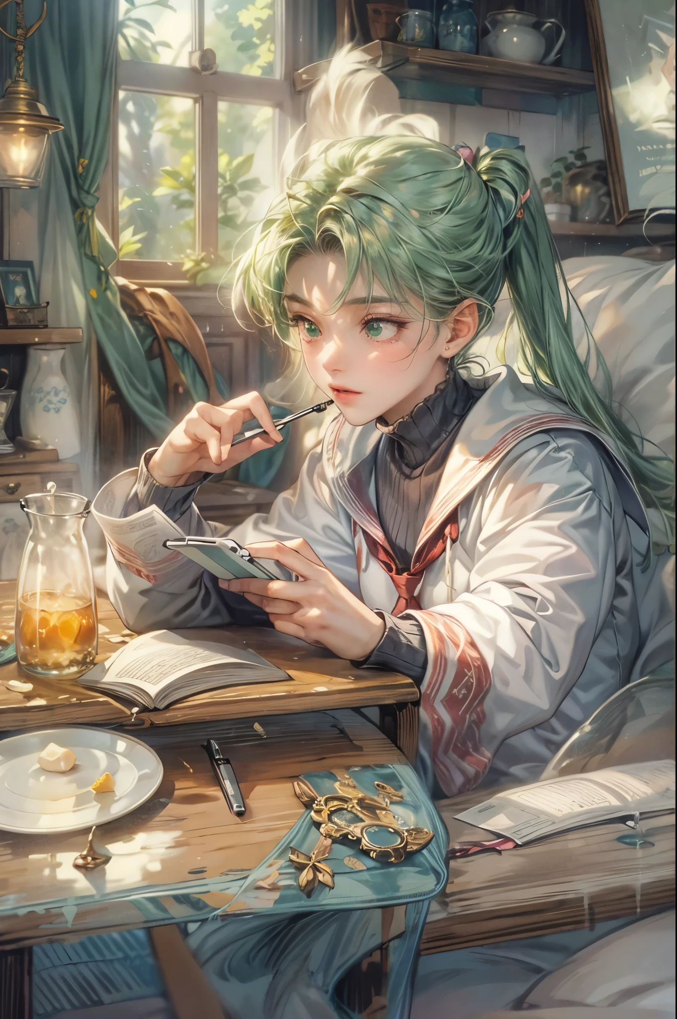 ((Best quality)), ((masterpiece)), (detailed), ((perfect face)), ((halfbody)) sailor moon character, make version, handsome young boy artist, green hair, engaging in various activities within his cozy home nestled in a serene forest. Capture moments of his daily life, such as using his smartphone, digital painting, reading, playing a musical instrument, or enjoying a cup of tea, as he explores his creativity and self-discovery, all while surrounded by the warmth and comfort of his sanctuary