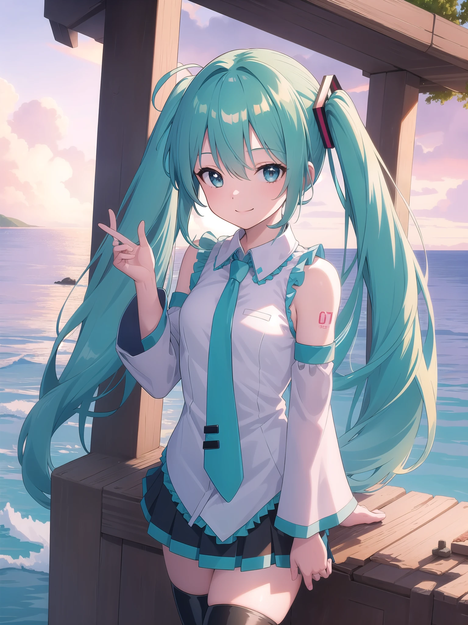 ((masterpiece)),(best quality),official art,extremely detailed CG,unity 8k wallpaper,ultra detailed,A lighthouse on a cliff by the sea,1girl,solo,upper body,(portrait:1.2),hatsune miku,looking at viewer,sleeveless shirt,white shirt,fringe,smile,black thighhighs,hair between eyes,twintails,very long hair,aqua eyes,aqua hair,detached sleeves,miniskirt,aqua necktie,thigh boots,