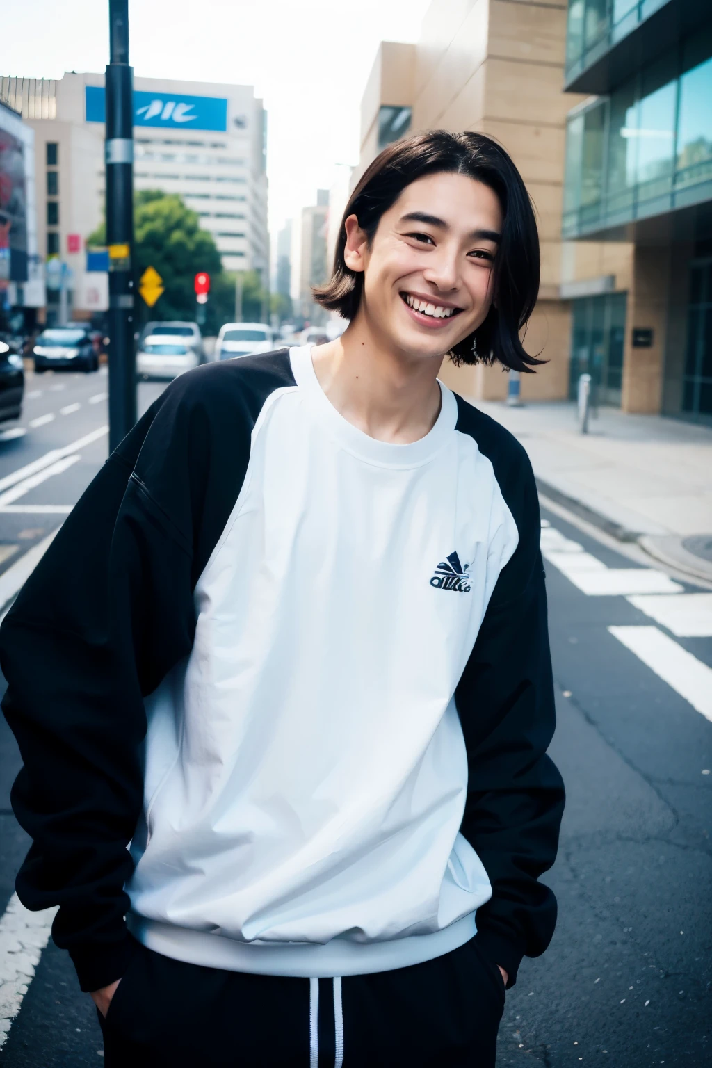 highest quality images、real、1 male、Japanese、Super handsome、sexy look、very delicate face、actor、model、Street fashion man、NIKE、STUSSY、adidas、Upper body、Laugh mischievously、Sho Hirano、black hair