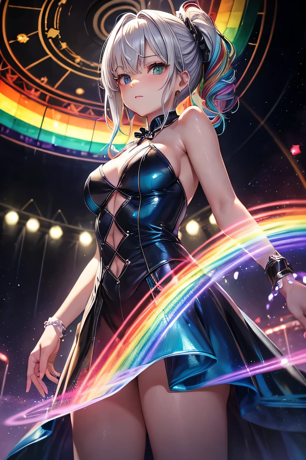 (((Rainbow-colored)))leotard、Beautiful Girl Magician、silver hair upstyle、((whole body))、(((photo taken from below)))、magic circle、the background is darkness