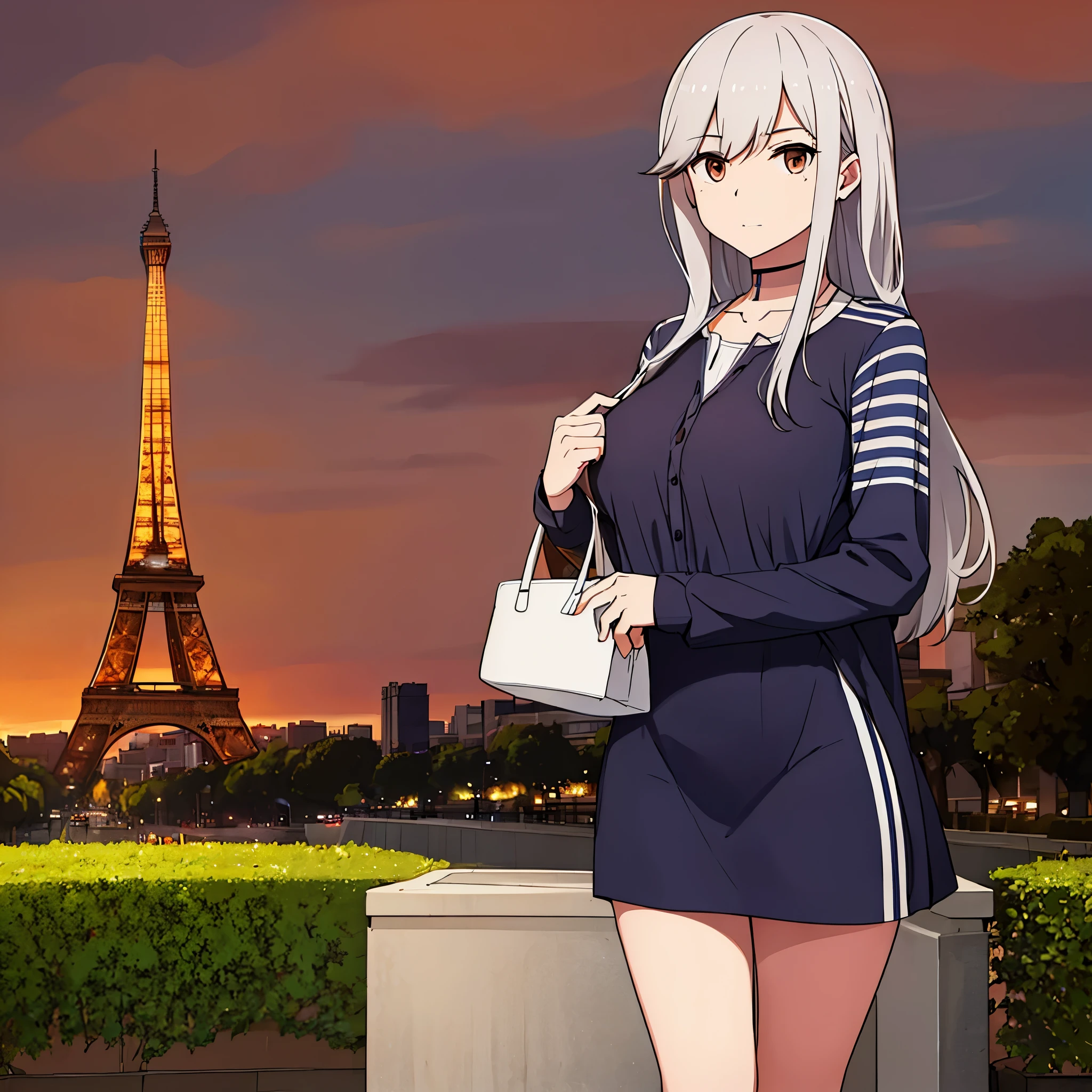 a woman wearing casual clothes in a French city, with the Eiffel Tower in the background, silver hair, brown eyes.
