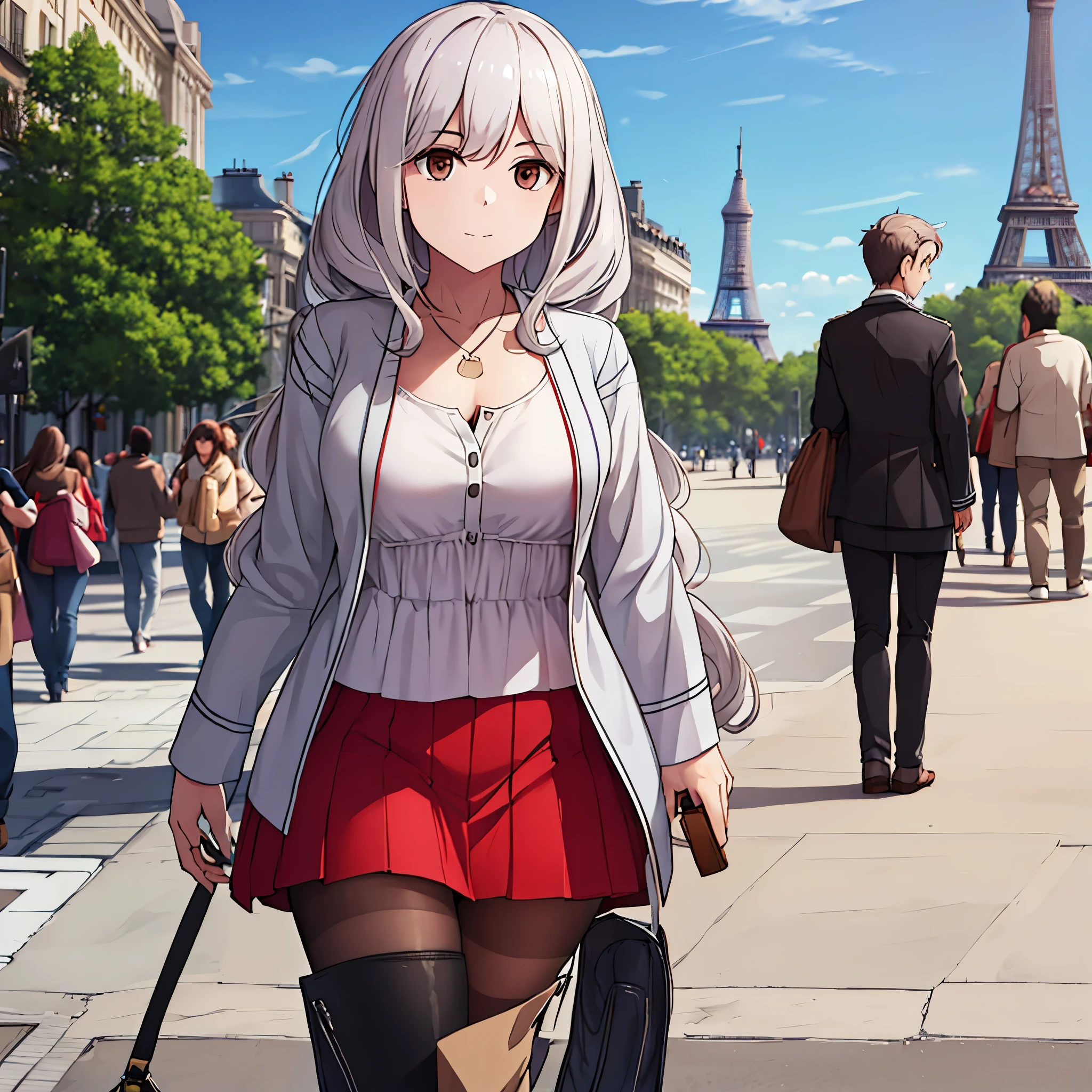 a woman wearing casual clothes in a French city, with the Eiffel Tower in the background, silver hair, brown eyes.
