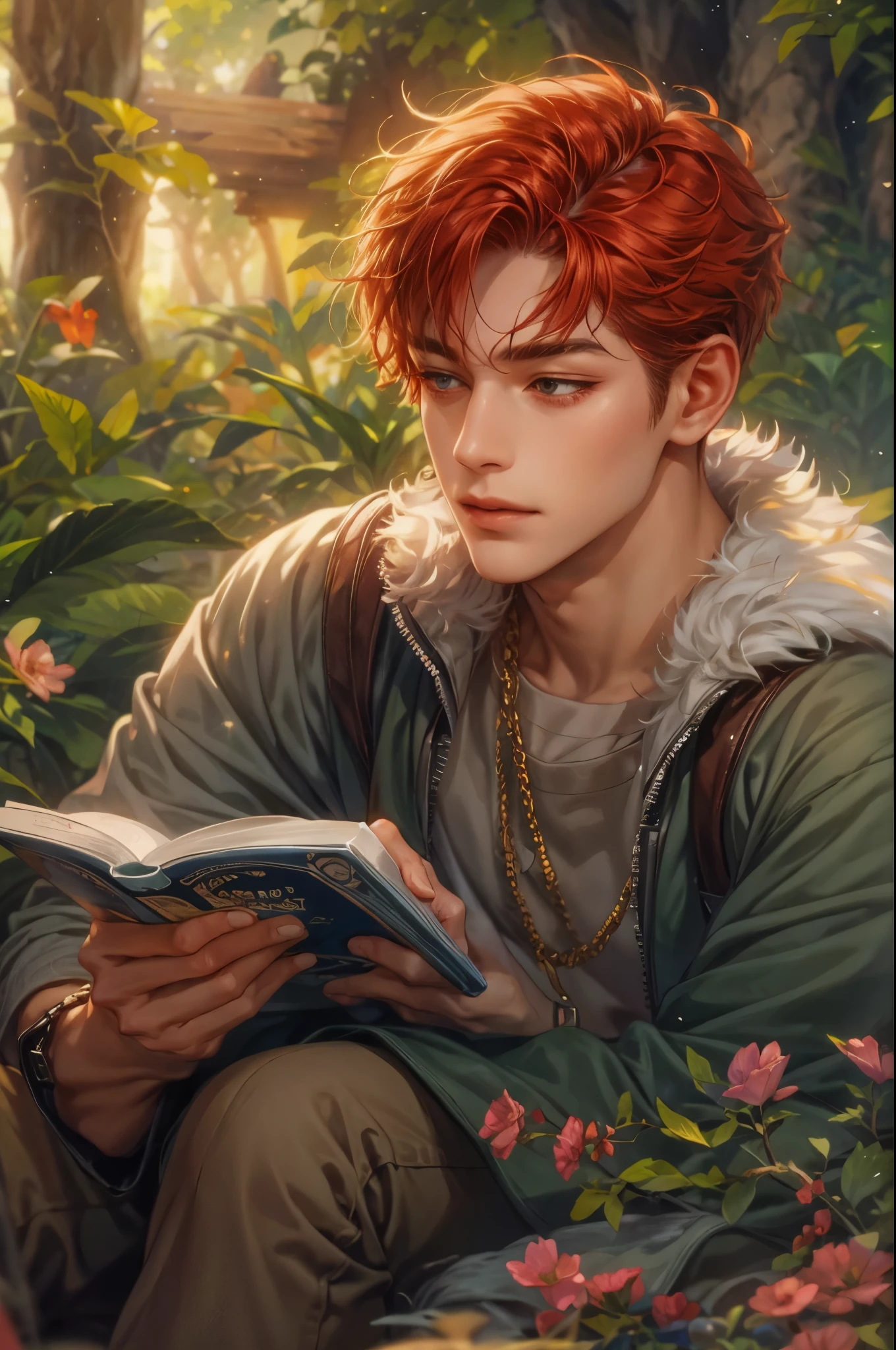 ((Best quality)), ((masterpiece)), (detailed), ((perfect face)), ((halfbody)) handsome young boy artist, red hair, engaging in various activities within his cozy home nestled in a serene forest. Capture moments of his daily life, such as playing ps5, using his smartphone, digital painting, reading, playing a musical instrument, or enjoying a cup of tea, as he explores his creativity and self-discovery, all while surrounded by the warmth and comfort of his sanctuary