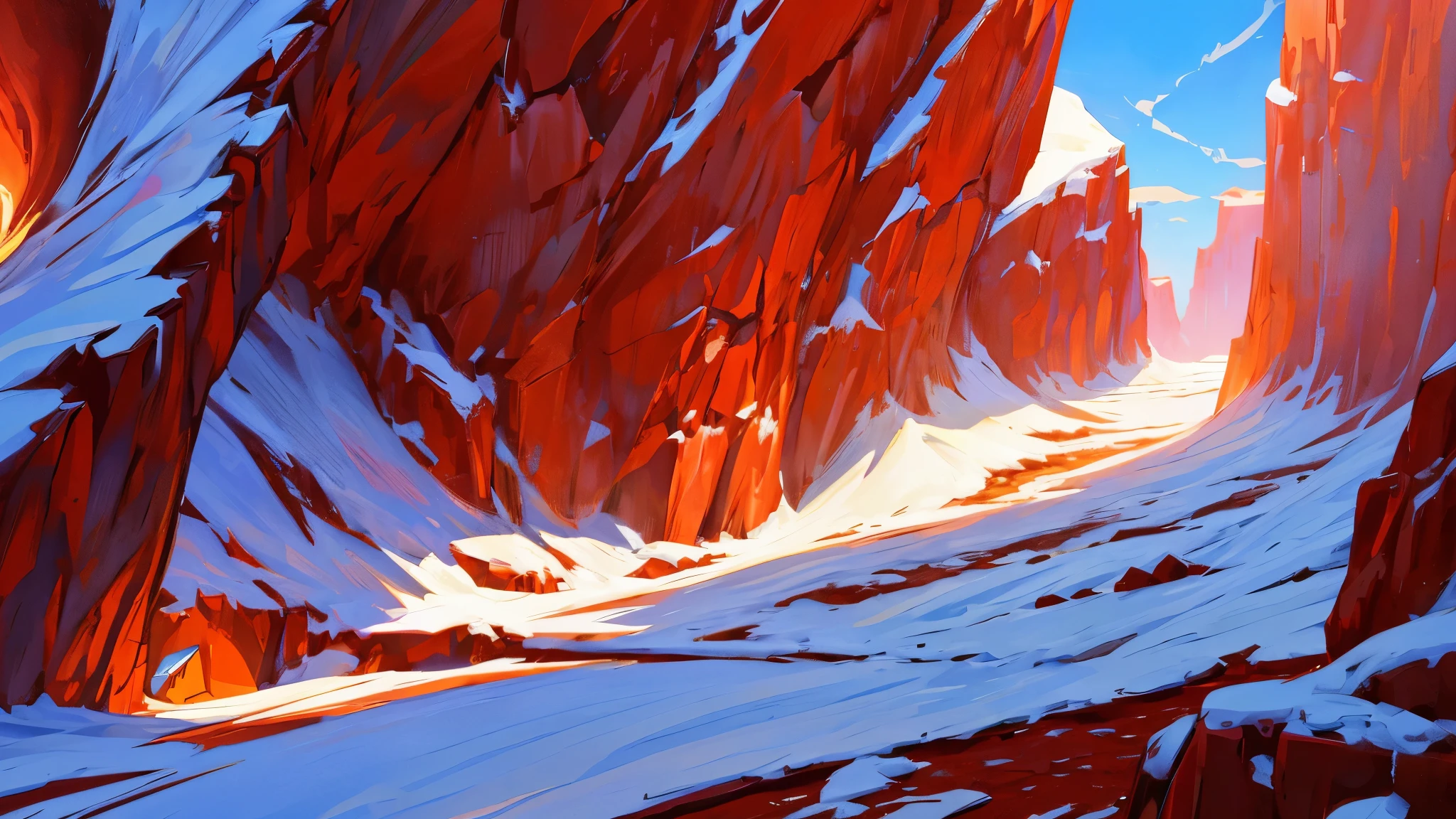 visual novel background, red sky, devouring black orb in sky, red ambiance, destruction, snowy plains canyon, massive canyon of snow, on ground looking up at canyon, extremely detailed, high quality