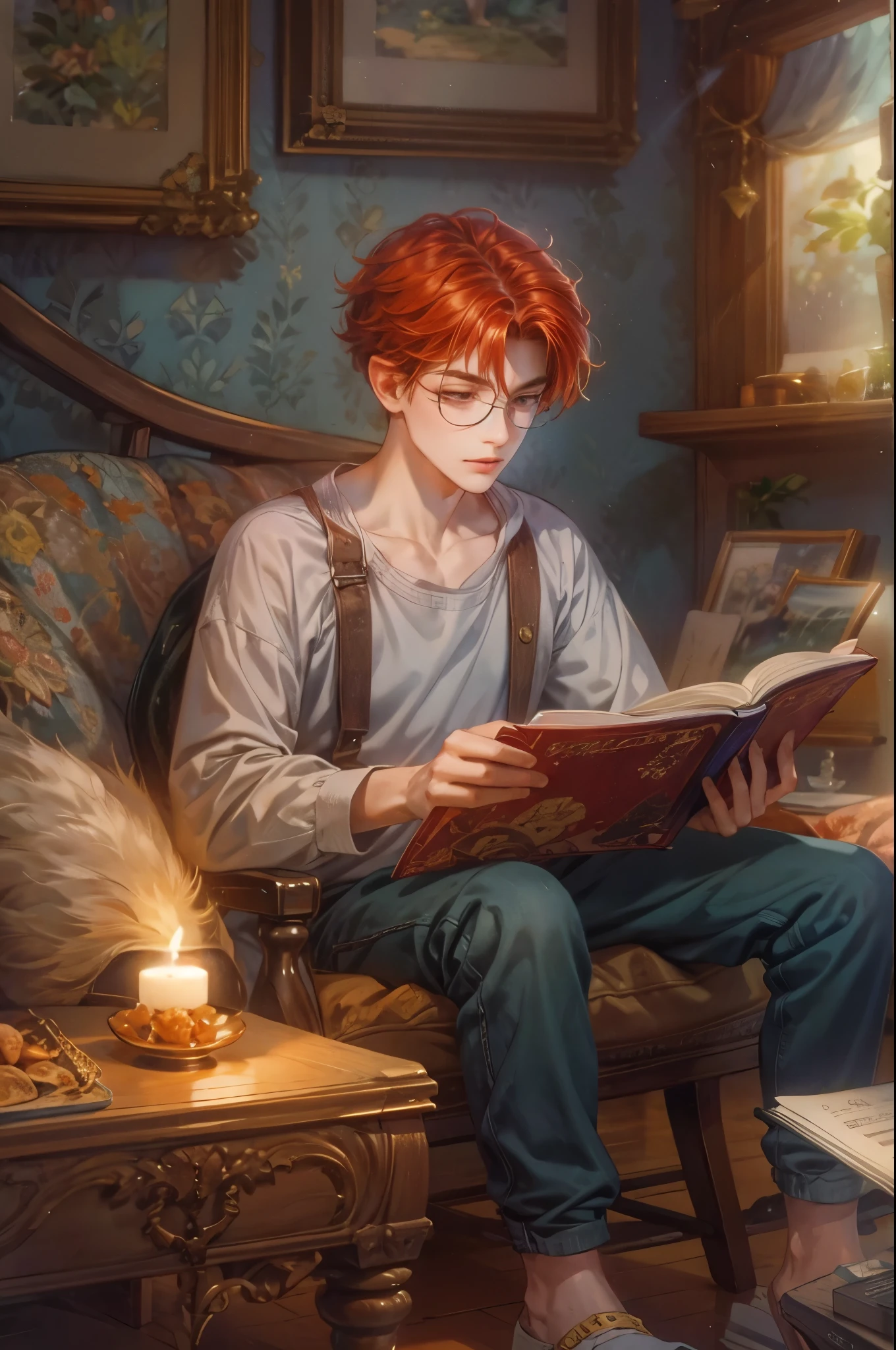 ((Best quality)), ((masterpiece)), (detailed), ((perfect face)), ((halfbody)) handsome young boy artist, red hair, engaging in various activities within his cozy home nestled in a serene forest. Capture moments of his daily life, such as playing ps5, using his smartphone, digital painting, reading, playing a musical instrument, or enjoying a cup of tea, as he explores his creativity and self-discovery, all while surrounded by the warmth and comfort of his sanctuary