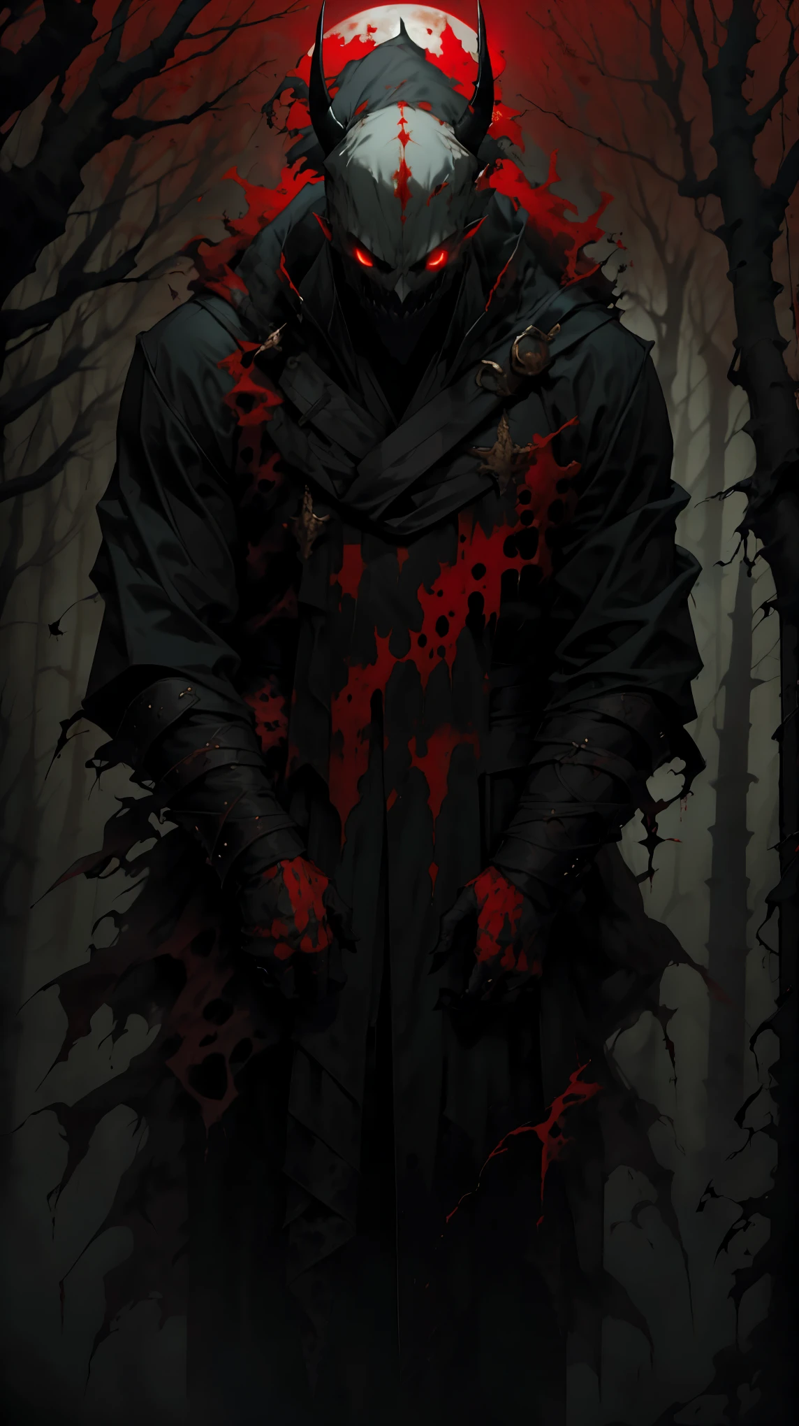 (detailed horns mask:1.2),(dark,evil) atmosphere,(mysterious,ominous,gritty) texture,1demonic character,sharp fangs,glowing red eyes,long sharp horns,pale skin,black claws,overgrown dark forest,ominous moonlight,heavy fog,spooky ambiance,bloody red color scheme,haunting shadows,creepy mist,horror genre,nightmarish,dynamic lighting,high contrast,ethereal feel,vivid colors