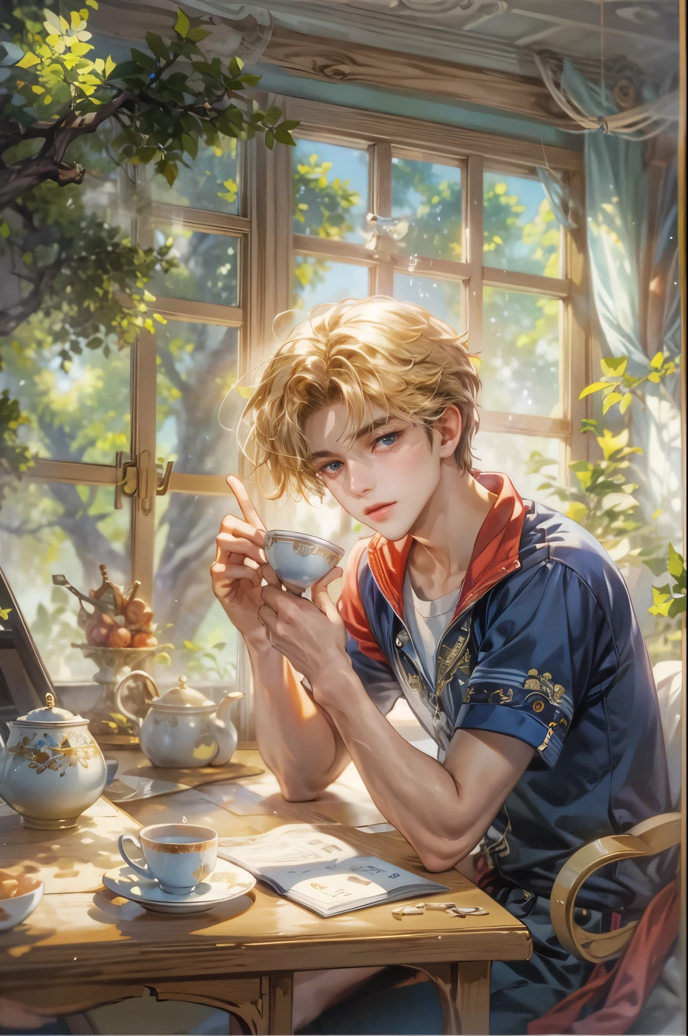 ((Best quality)), ((masterpiece)), (detailed), ((perfect face)), ((halfbody)) sailor moon character, make version, handsome young boy artist, engaging in various activities within his cozy home nestled in a serene forest. Capture moments of his daily life, such as using his smartphone, digital painting, reading, playing a musical instrument, or enjoying a cup of tea, as he explores his creativity and self-discovery, all while surrounded by the warmth and comfort of his sanctuary