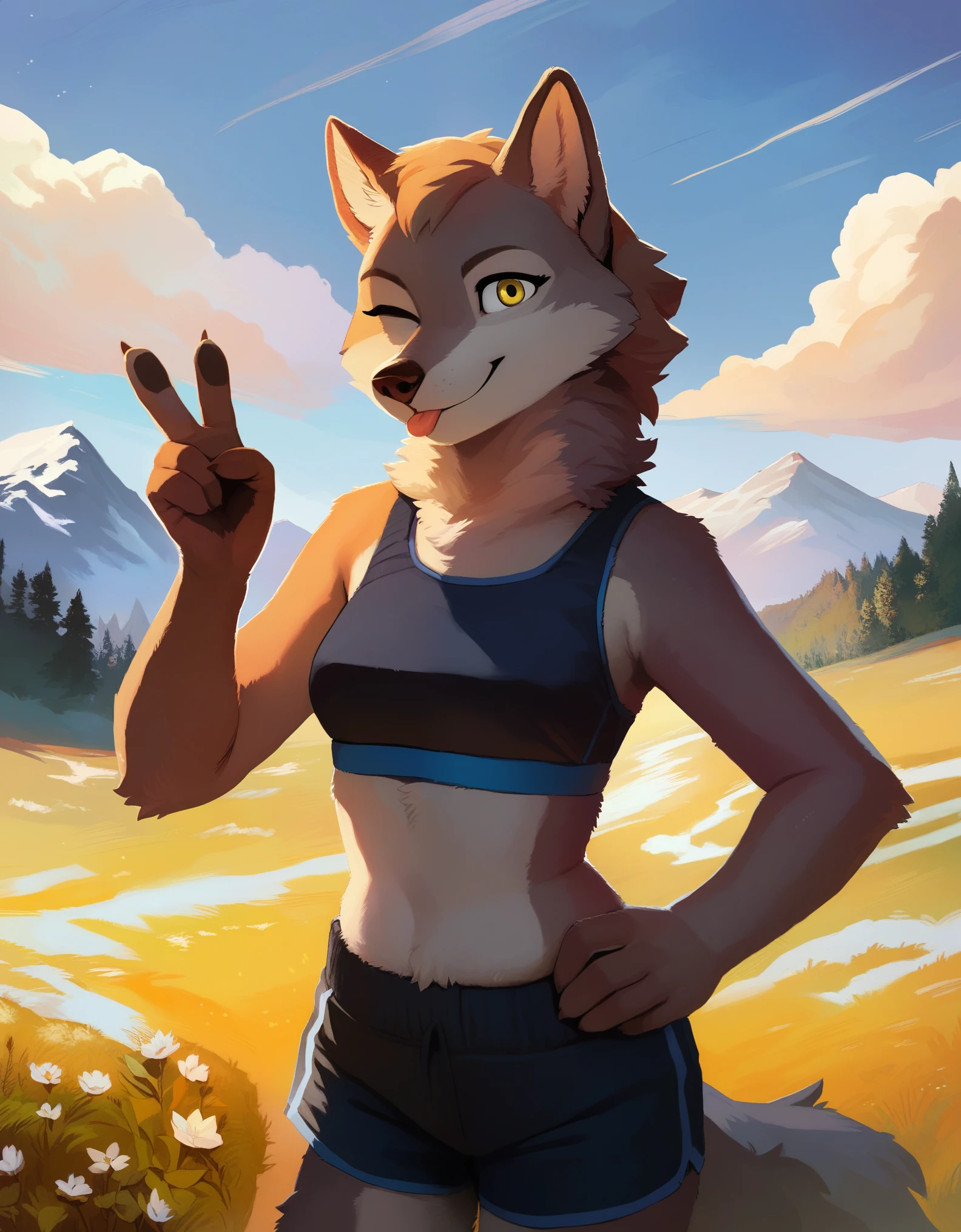 score_9, score_8_up, score_7_up, score_6_up, furry female, [[the-minuscule-task]], hioshiru, snowskau, sports bra, shorts, wolf, mane, female, mountains, clouds, grey fur, yellow eyes, (brown ears:1.1), forest, looking at viewer, smile, three quarters portrait, black clothing, grey body, v sign, hand on hip, wink, solo, tongue out, tall grass, path, flowers, cinematic lighting, brown fur, pupil,