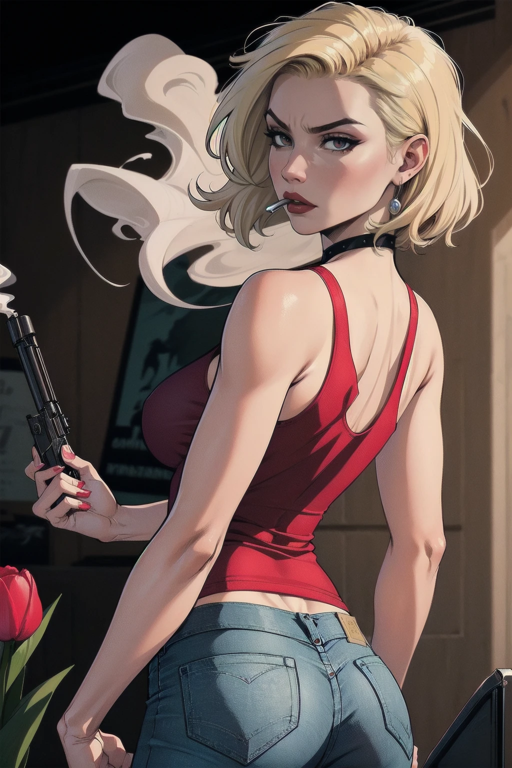 a woman with short blond hair, hair on shoulders,  wearing a red tank top, small breasts  and jeans, brown  eyes, wife of preacher, tulip ohare, toon aesthetic, wearing red lipstick,  look like tulip ohare (comics) (preacher) (vertigo), smoking, pointing a gun, serious face,  upper body, backwards, looking back