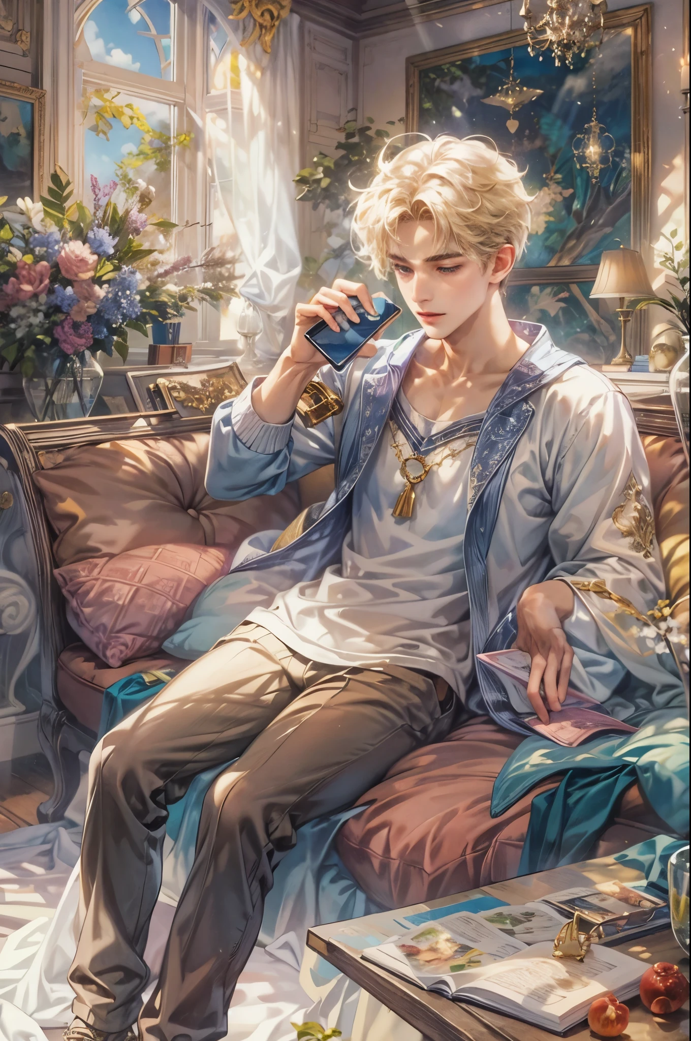 ((Best quality)), ((masterpiece)), (detailed), ((perfect face)), ((halfbody)) sailor moon character, make version, handsome young boy artist, engaging in various activities within his cozy home nestled in a serene forest. Capture moments of his daily life, such as using his smartphone, digital painting, reading, playing a musical instrument, or enjoying a cup of tea, as he explores his creativity and self-discovery, all while surrounded by the warmth and comfort of his sanctuary