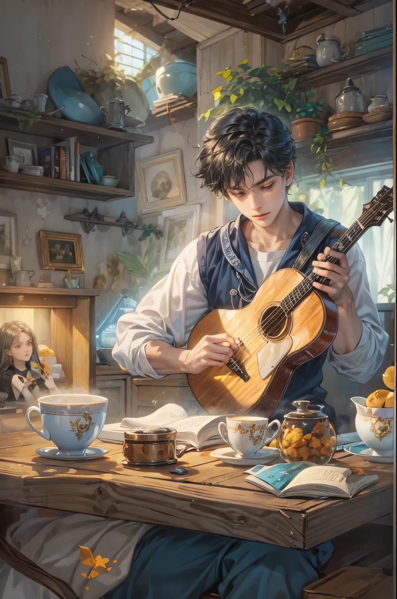 ((Best quality)), ((masterpiece)), (detailed), ((perfect face)), ((halfbody)) sailor moon character, make version, handsome young boy artist, engaging in various activities within his cozy home nestled in a serene forest. Capture moments of his daily life, such as using his smartphone, digital painting, reading, playing a musical instrument, or enjoying a cup of tea, as he explores his creativity and self-discovery, all while surrounded by the warmth and comfort of his sanctuary