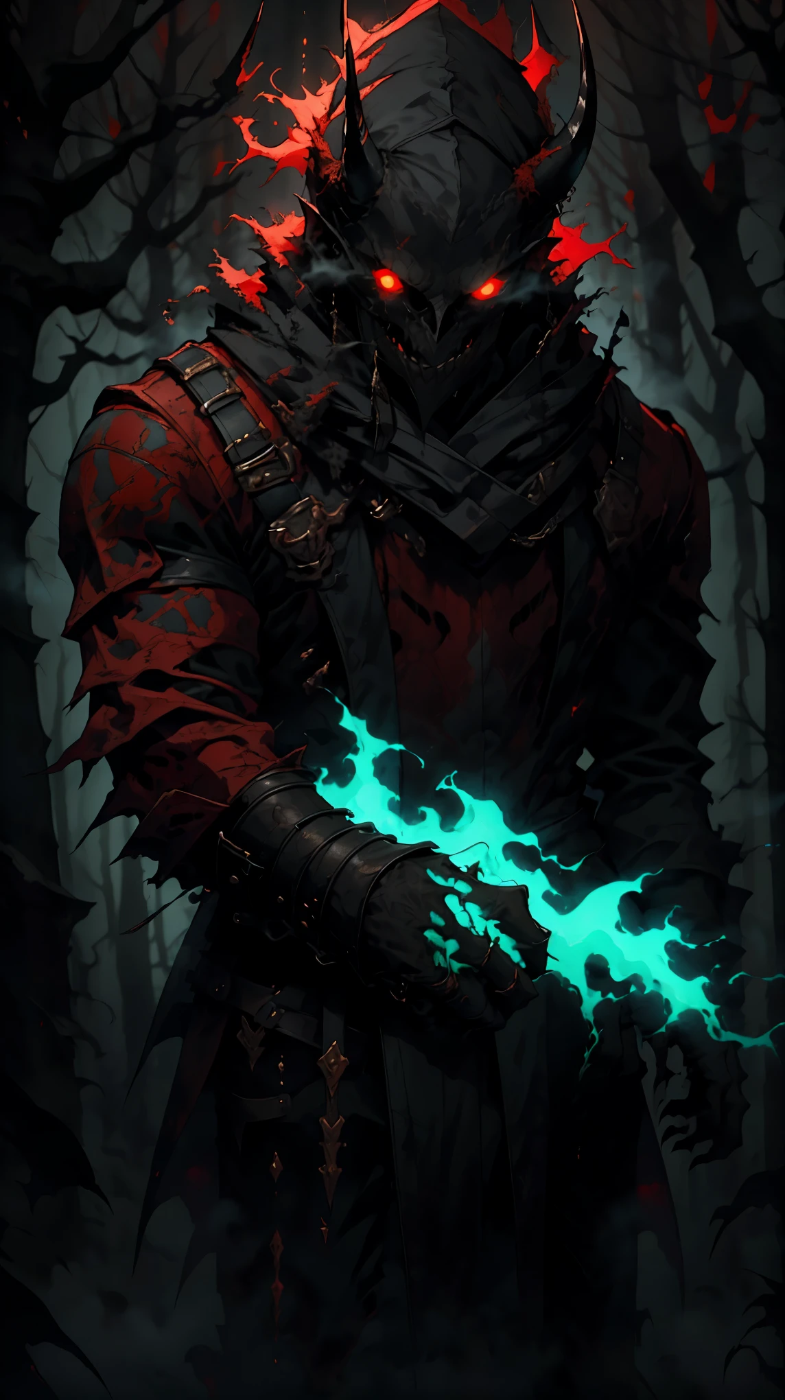 (detailed horns mask:1.2),(dark,evil) atmosphere,(mysterious,ominous,gritty) texture,1demonic character,sharp fangs,glowing red eyes,long sharp horns,pale skin,black claws,overgrown dark forest,ominous moonlight,heavy fog,spooky ambiance,bloody red color scheme,haunting shadows,creepy mist,horror genre,nightmarish,dynamic lighting,high contrast,ethereal feel,vivid colors