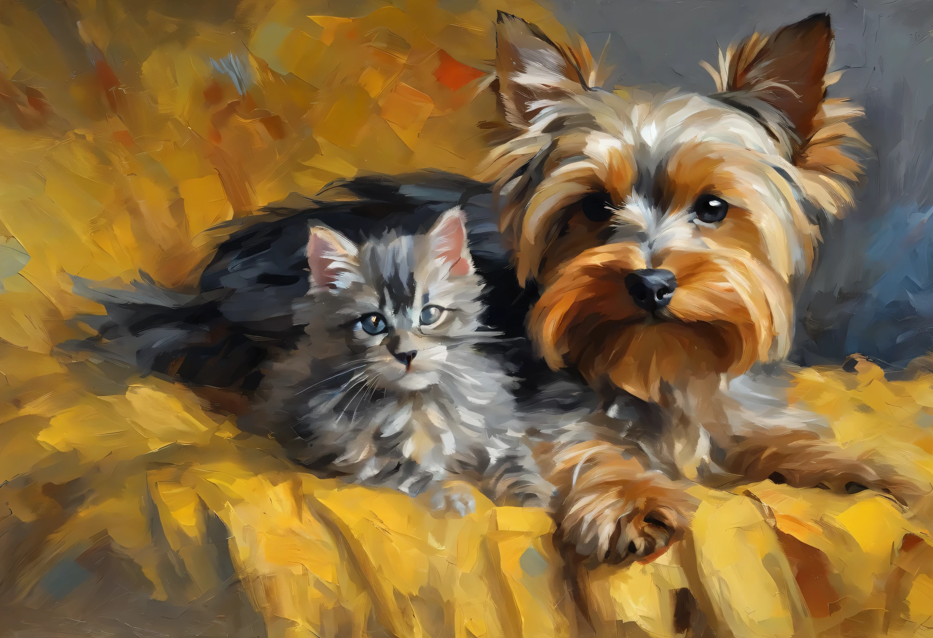 Yorkshire terrier lying next to a grey tabby cat, they are lying on a yellow pillow, closeup, next the pillow there is a kitten and a yorkie puppy, impasto style brushstrokes