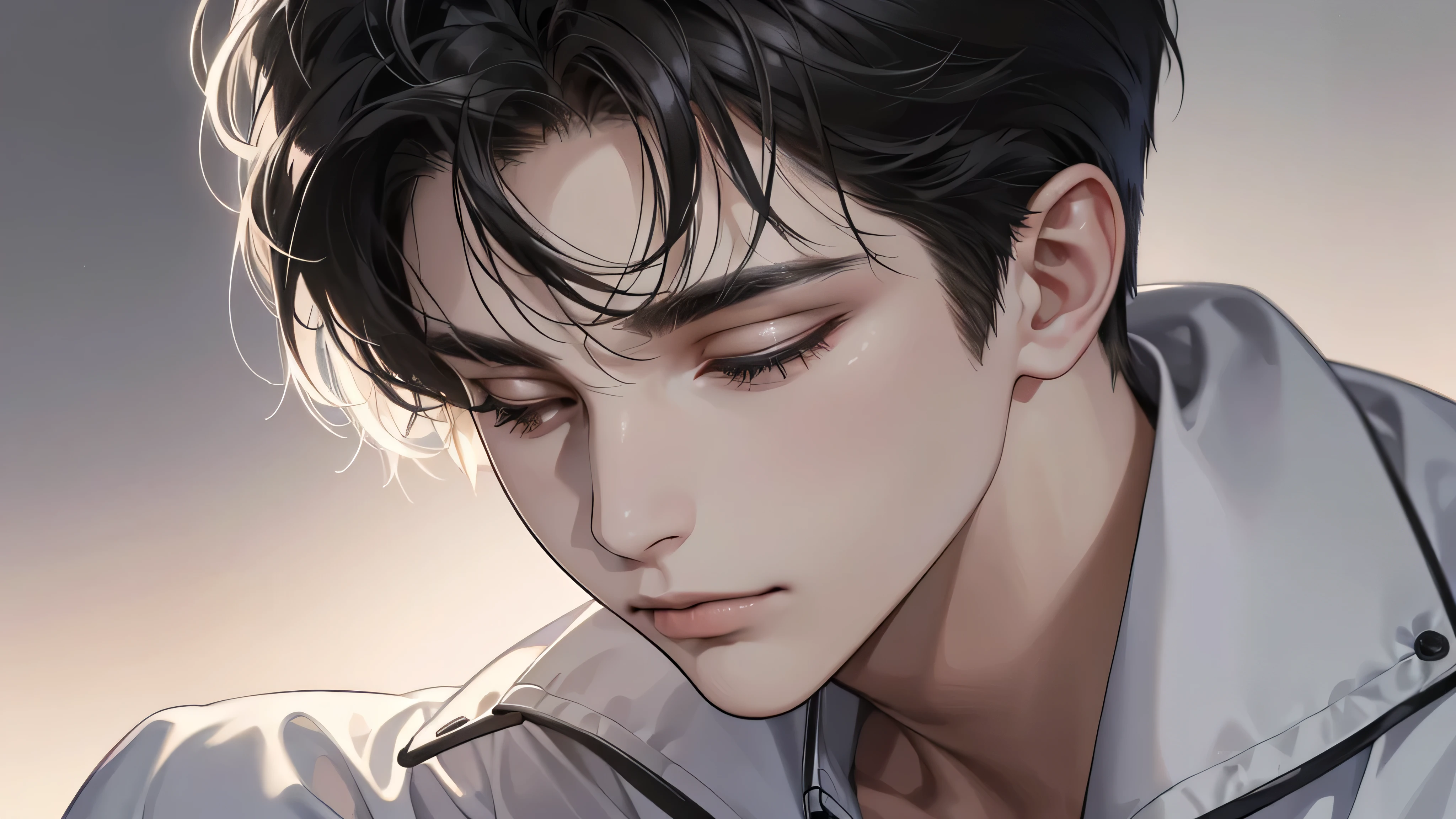 (best quality digital art digital illustration 4k high resolution beautiful image hyper-detailed image perfect lines soft lighting night environment focus face soft zoom) (1:1 photorealistic) (neutral colors hdr 1.4) a young adult man (thoughtful expression) black and white clothes closed eyes medium black hair