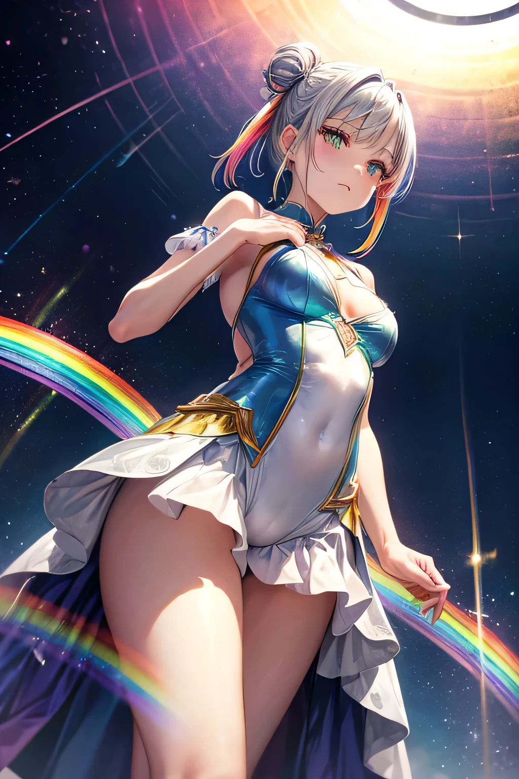 (((Rainbow-colored)))leotard、Beautiful Girl Magician、silver hair upstyle、((whole body))、(((photo taken from below)))、magic circle、background is sky