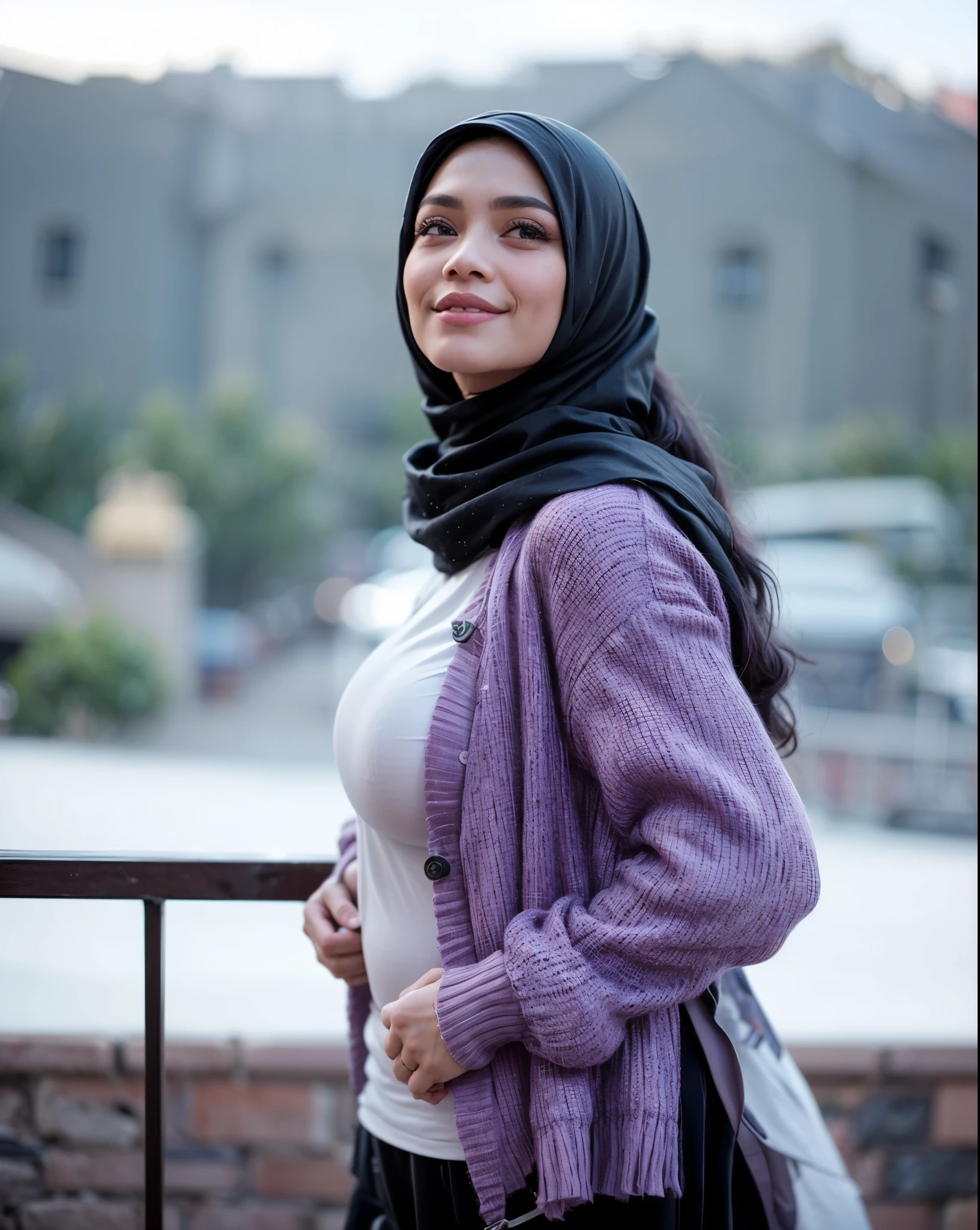 masterpiece, (ultra-high-definition portrait, vignet:1.4), Realistic, extremely detailed, CG unified, 8k, Clean lines, highly detailed, High-definition, raw color photos, she is smiling, Realistic portrait, Cinematic Light, Beautiful detailed, 1hijabgirl indonesian, (165cm tall, big breasts with very very tight clothes:1.5), Beautiful big breasts, breasts details, very tight, (Biggorgeous eyes, Soft smile with lovely look:1.5), (Fine face, Masif Breast:1.4), Close up of a girl in Beautiful clothes with errcted nipple, biggorgeous eyes, Soft smile, scarf, (Beautiful Tight Clothing with curvaceous body:2), pose 4 of 1 6, Undress, No bra, (nipples that are clearly sticking out detail:1.2), Outdoors, high intricate detailed.