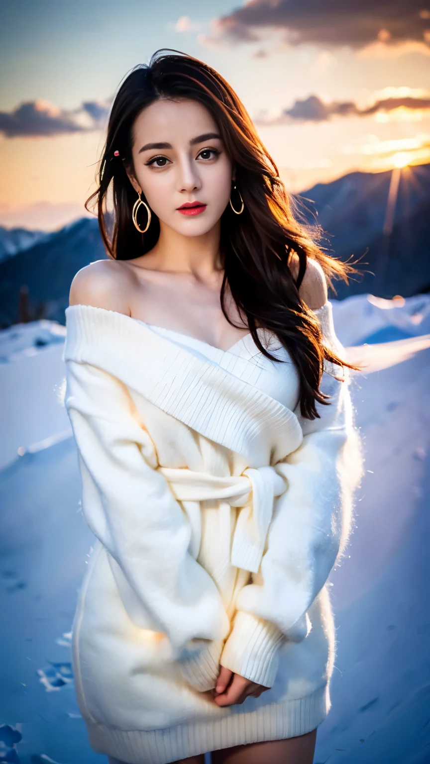 ((top quality、8k、​Masterpiece:1.3))、Extremely delicate and beautiful girl，full-body shot，huge breasts，bigger breasts，amazing breast size，G cup。Wear big earrings，Very white skin，moist red lips，Waist is very thin，Thighs are very thin，big butt，fair and smooth skin，Smooth and fair skin，flawless skin，Fair and shiny skin，cold white skin，The camera focuses on the chest，Bright light，white sweater，Lower body exposed，bare shoulders，light hair，hair is white，heavy snow，snow mountain，sunset，Rizhao Jinshan