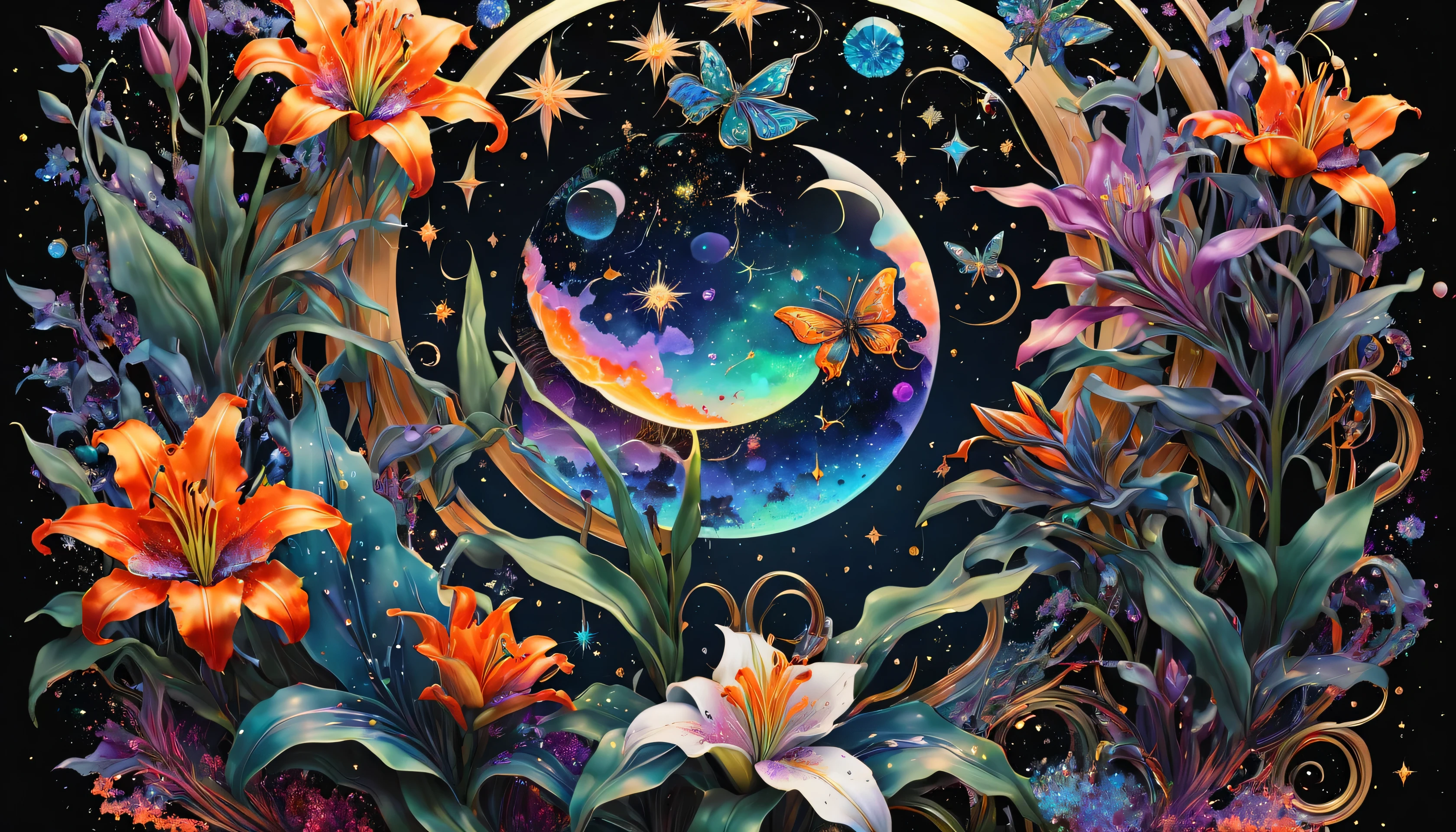 a deep black cosmic backdropStars Planets Suns and Moons Colorful Paint Splash Cute glitter vector graphic design featuring intricate and complex symbols with the ethereal beauty of a celestial palace known as the Galactic Citadel, bathed in brilliant light.The Neon Bioluminescent colors Cosmic Black, icy Red,14 kt solid Gold color. Create a fusion of These symbols,Fiery pink roses, bioluminescent neon blue, orange green lilies, fiery bioluminescent Red rubies, purple and white diamonds with lots of violet sapphires and emeralds butterflies and bees--ar 16:9 --style raw --stylize 400 *