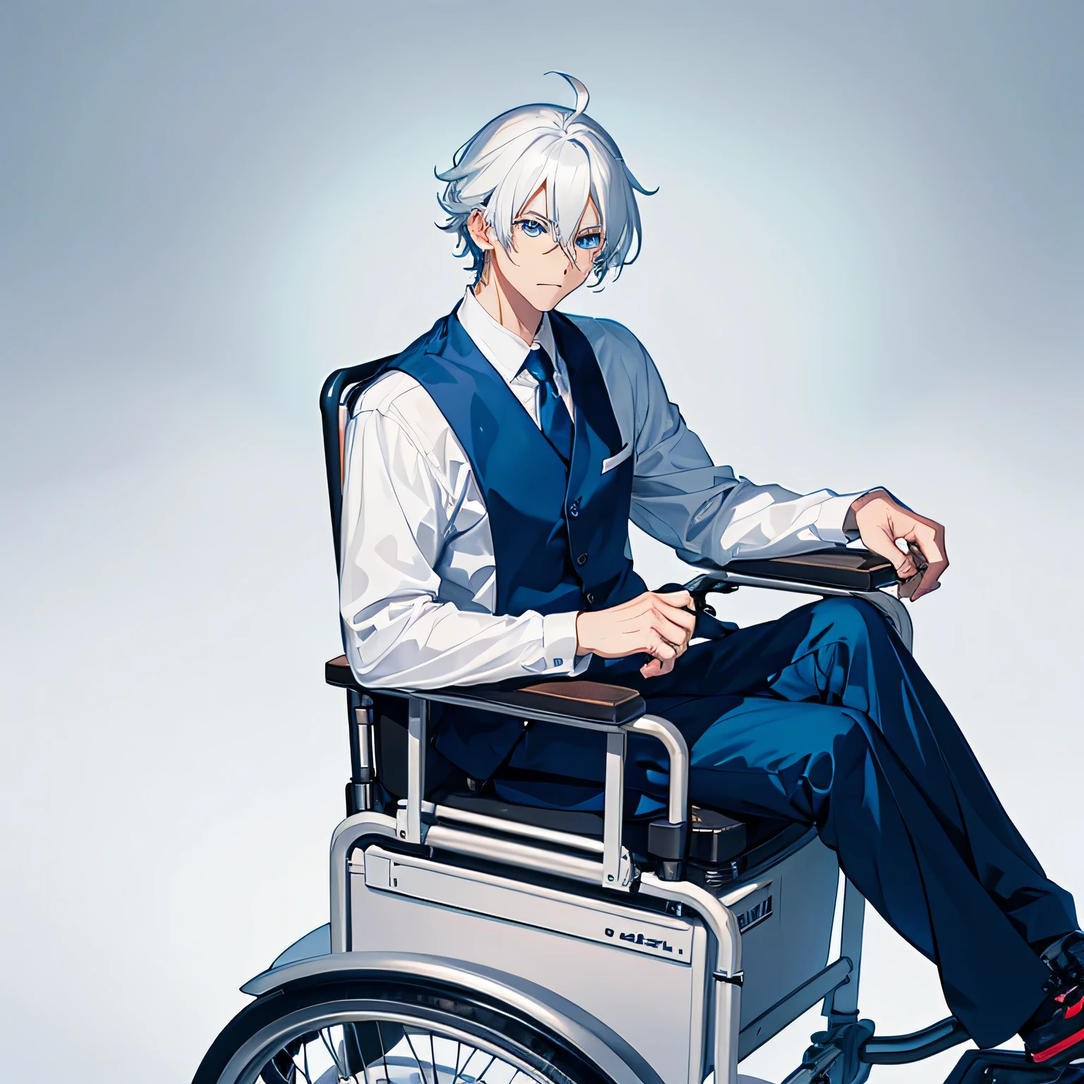 Middle aged anime guy in a wheelchair with white hair, blue eyes, serious face