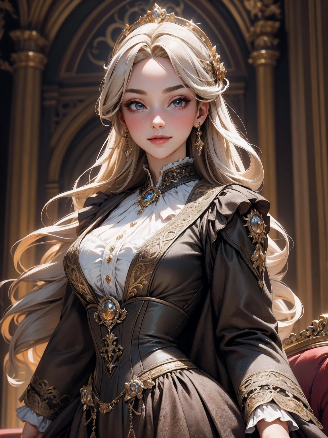 { - anatomy error}(Masterpiece - Ultra-detailed, very high resolution) Prepare to be enchanted by a true masterpiece that combines ultra-detailed art with high-resolution rendering. This work depicts a mesmerizing woman with very long blond hair (1.3) and captivating gray eyes (1.2), emanating an aura of elegance and mystery in Victorian settings. The intricate details and realistic textures invite you to explore every aspect of this enchanting composition. Woman wearing beautiful classic Victorian costume from the year 1878. Red lips. Happy face. Smiling. red (gold) dress. Walking, writing, lying down, standing, on your back, dynamic poses., upper body. dynamic poses. Get ready to dive into a world where beauty and craftsmanship merge perfectly.