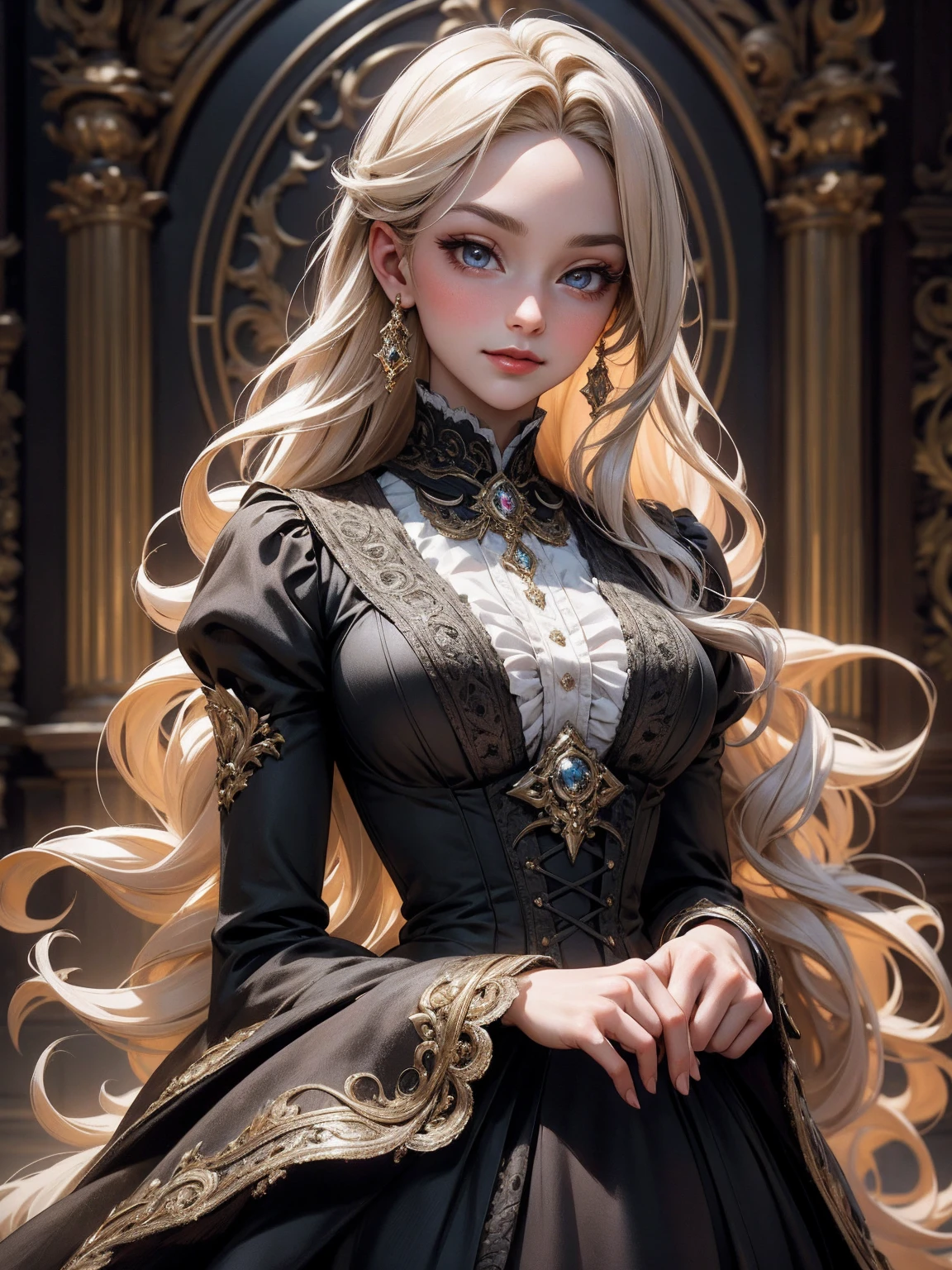 { -  error}(Masterpiece - Ultra-detailed, very high resolution) Prepare to be enchanted by a true masterpiece that combines ultra-detailed art with high-resolution rendering. This work depicts a mesmerizing woman with very long blond hair (1.3) and captivating gray eyes (1.2), emanating an aura of elegance and mystery in Victorian settings. The intricate details and realistic textures invite you to explore every aspect of this enchanting composition. Woman wearing beautiful classic Victorian costume from the year 1878. Red lips. Happy face. Smiling. red (gold) dress. Outside of the castle, backwards, looking back, upper body. dynamic poses. Get ready to dive into a world where beauty and craftsmanship merge perfectly.