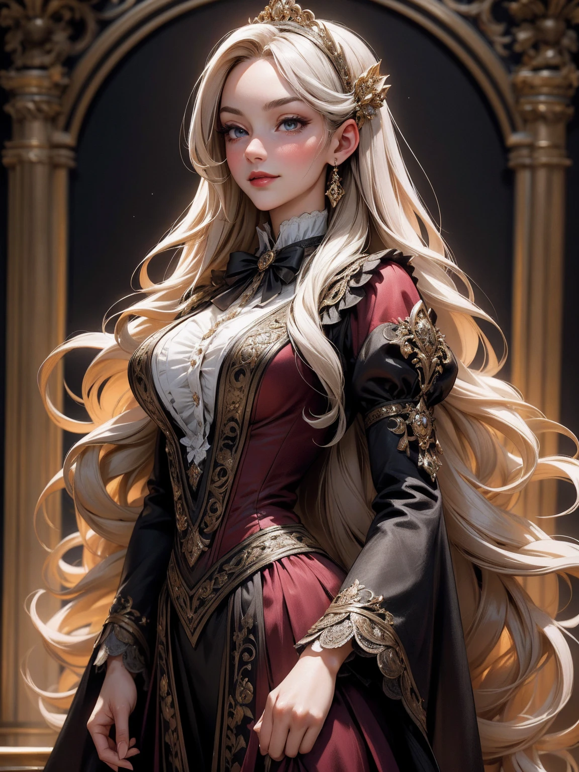 { -  error}(Masterpiece - Ultra-detailed, very high resolution) Prepare to be enchanted by a true masterpiece that combines ultra-detailed art with high-resolution rendering. This work depicts a mesmerizing woman with very long blond hair (1.3) and captivating gray eyes (1.2), emanating an aura of elegance and mystery in Victorian settings. The intricate details and realistic textures invite you to explore every aspect of this enchanting composition. Woman wearing beautiful classic Victorian costume from the year 1878. Red lips. Happy face. Smiling. red (gold) dress. Outside of the castle, backwards, looking back, upper body. dynamic poses. Get ready to dive into a world where beauty and craftsmanship merge perfectly.