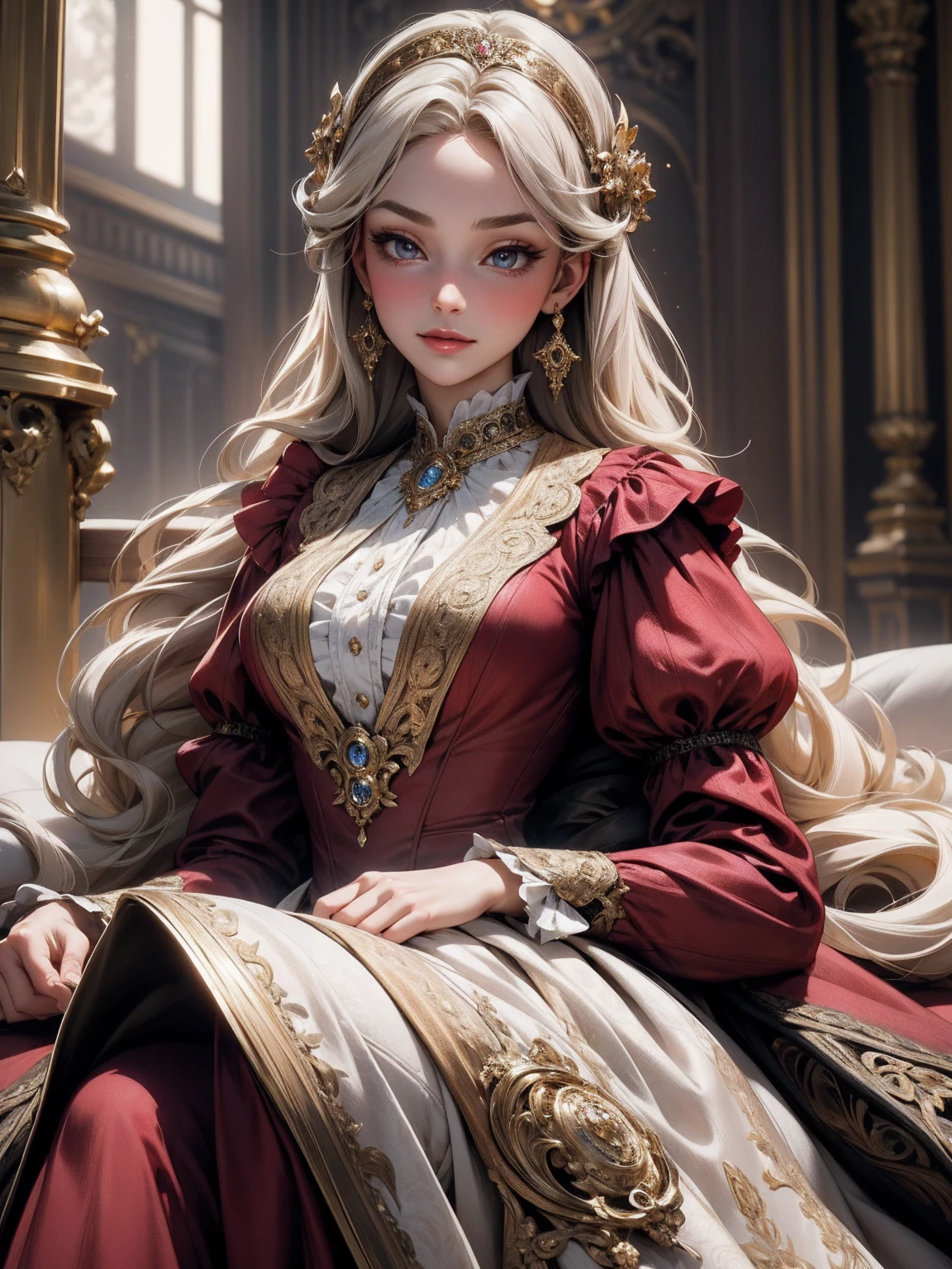 { -  error}(Masterpiece - Ultra-detailed, very high resolution) Prepare to be enchanted by a true masterpiece that combines ultra-detailed art with high-resolution rendering. This work depicts a mesmerizing woman with very long blond hair (1.3) and captivating gray eyes (1.2), emanating an aura of elegance and mystery in Victorian settings. The intricate details and realistic textures invite you to explore every aspect of this enchanting composition. Woman wearing beautiful classic Victorian costume from the year 1878. Red lips. Happy face. Smiling. red (gold) dress. Outside of the castle, backwards, looking back, upper body. dynamic poses. Get ready to dive into a world where beauty and craftsmanship merge perfectly.