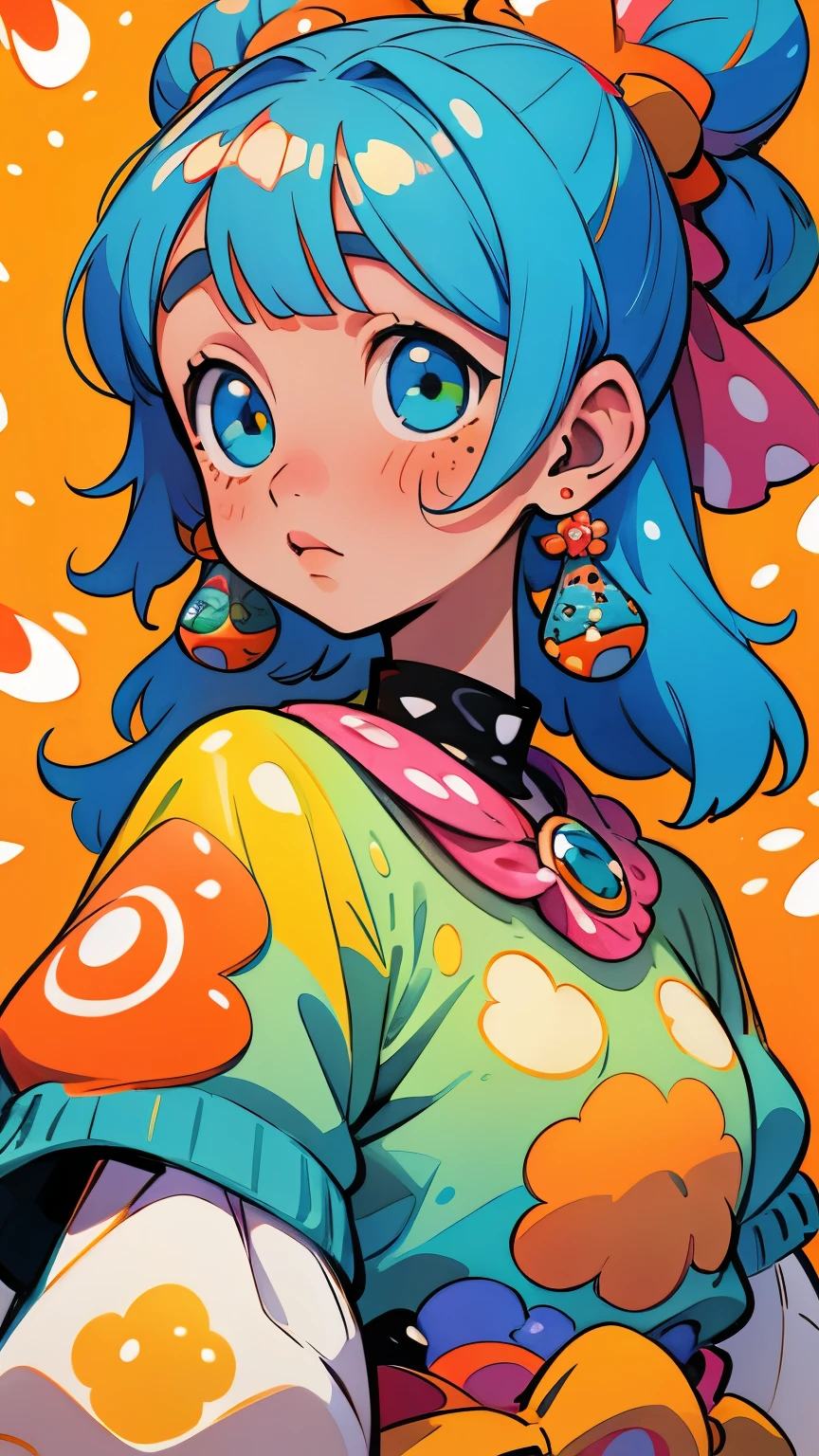 (masterpiece, best quality:1.2),illustration art,Kusama Yayoi's style,a beautiful girl,Skin detail processing,The eyes are very detailed,sweater,(((Speckled pattern))),green,blue,White,,black