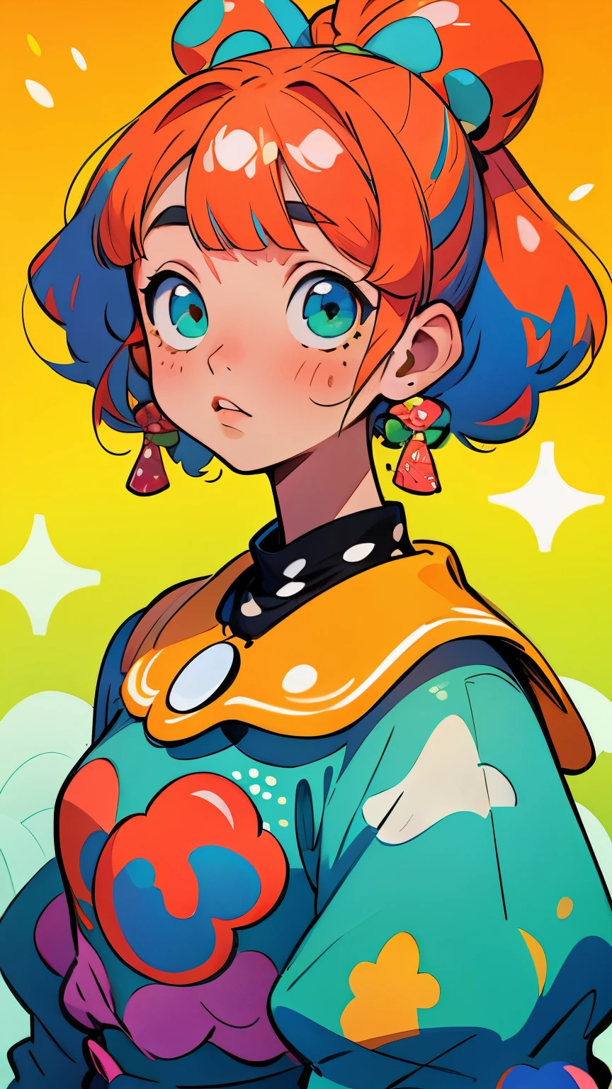 (masterpiece, best quality:1.2),illustration art，Kusama Yayoi's style，a beautiful girl，Skin detail processing，The eyes are very detailed，sweater，(((Speckled pattern)))，green，blue，White，，black
