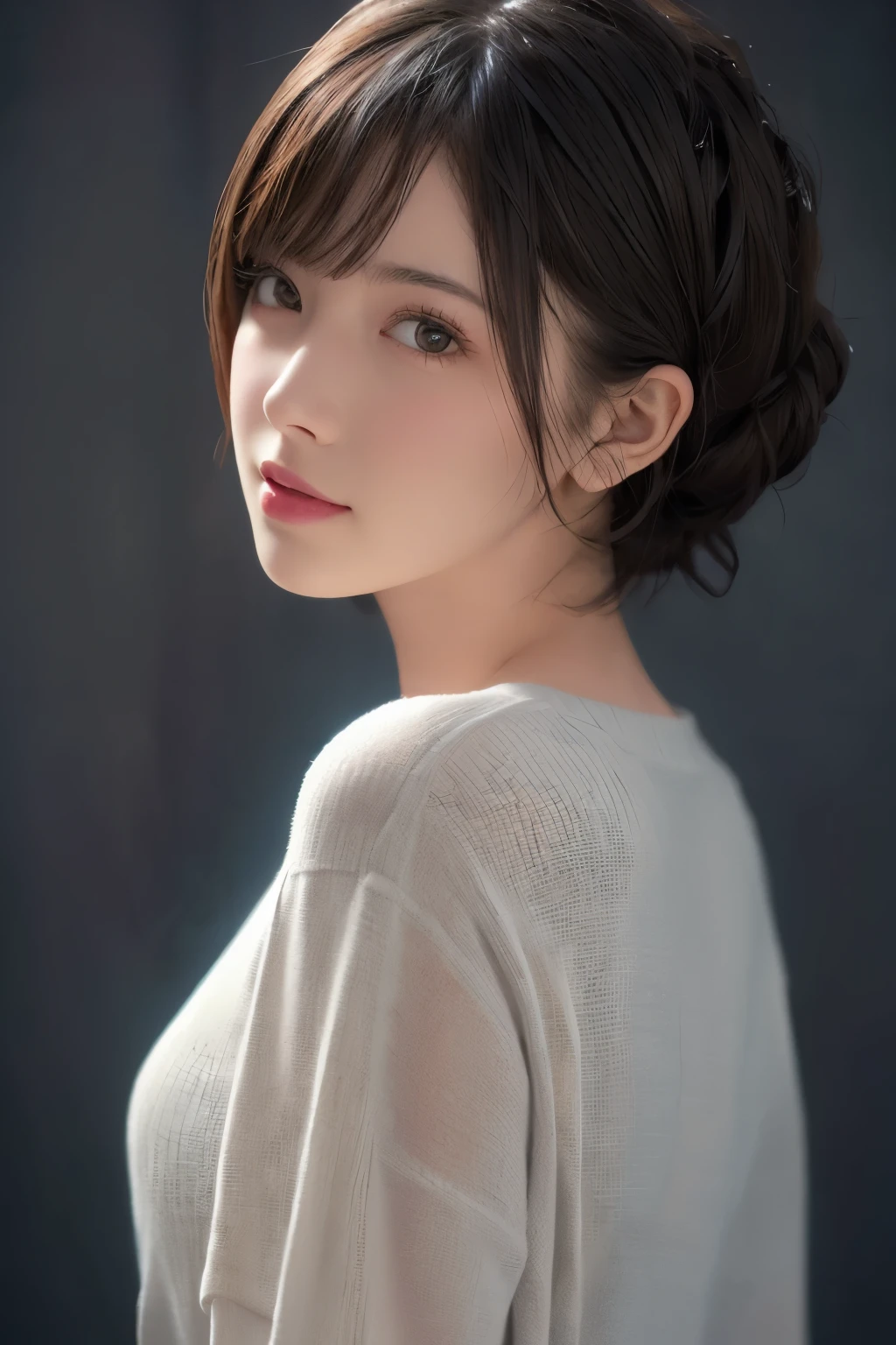 (masterpiece:1.3), (8k, lifelike, original photo, best quality: 1.4), (1 girl), pretty face, (lifelike的脸), (black hair, short hair:1.3), beautiful hairstyle, lifelike的眼睛, Beautiful and delicate eyes, (lifelike的皮肤), Beautiful skin, (sweater), Ridiculous, attractive, ultra high resolution, Surreal, Very detailed, golden ratio,whole body,raised buttocks,