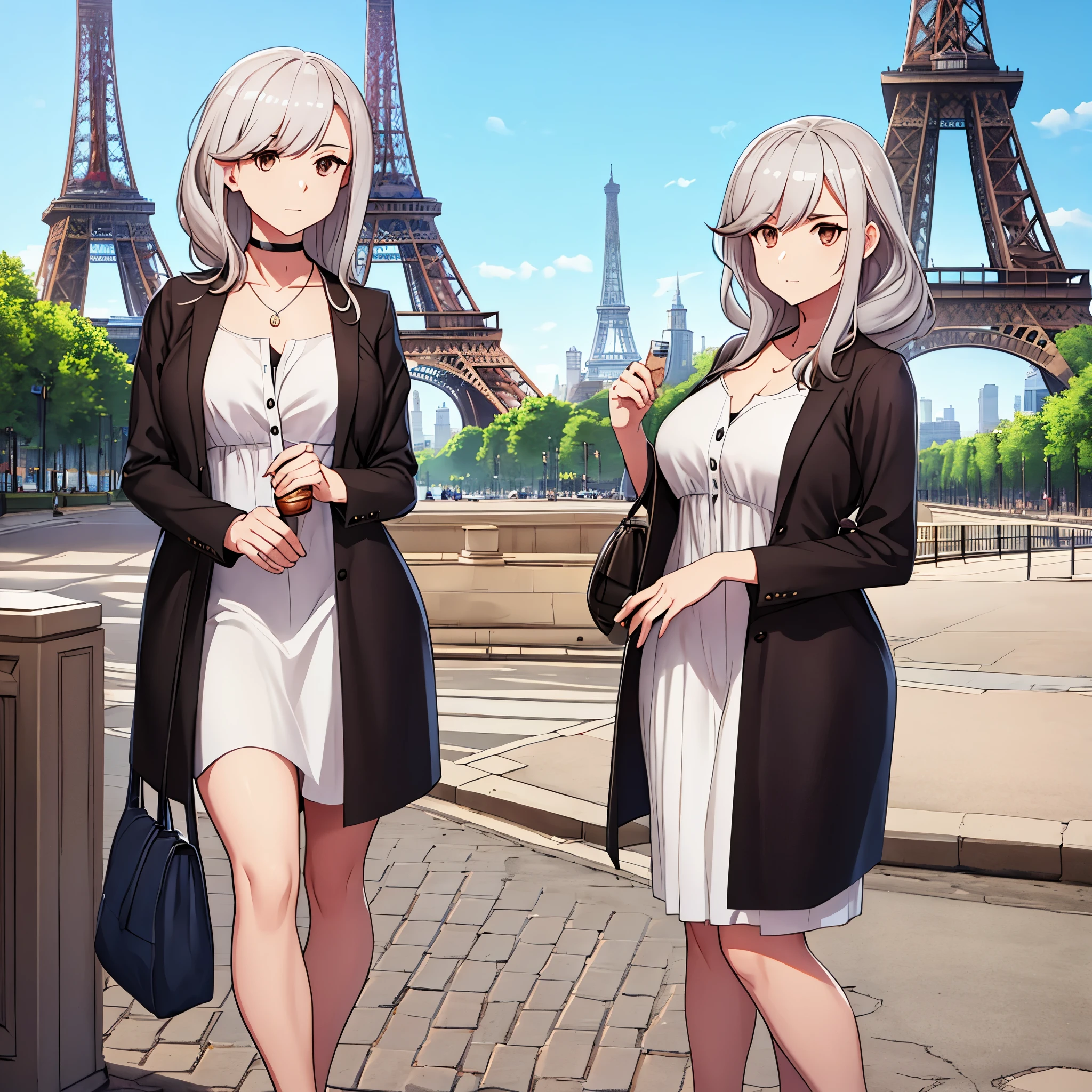 a woman wearing casual clothes in a French city, with the Eiffel Tower in the background, silver hair, brown eyes.
