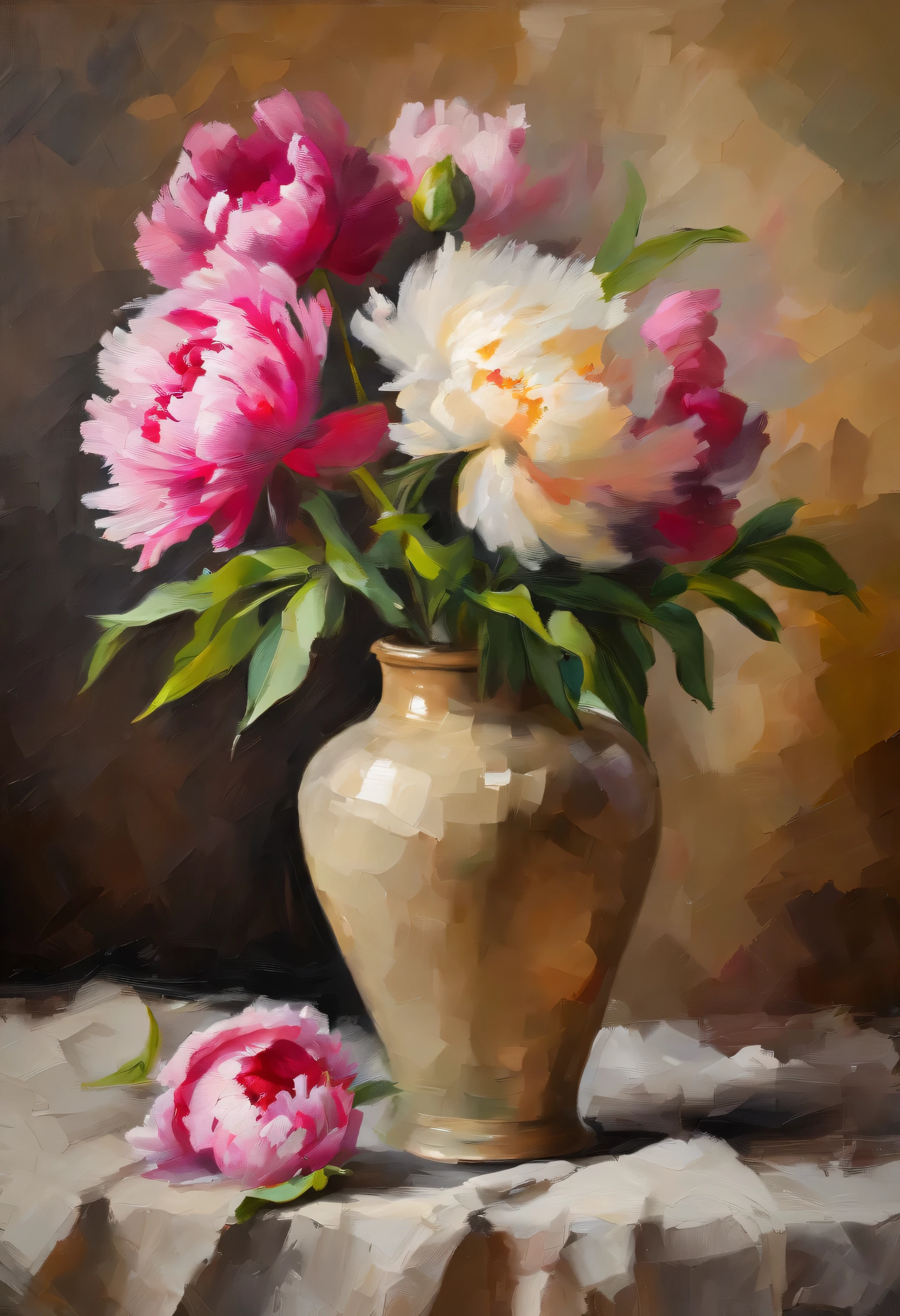 Beige vase with a lot of colorful Peony flowers on a small square table covered with an old rustic table cloth