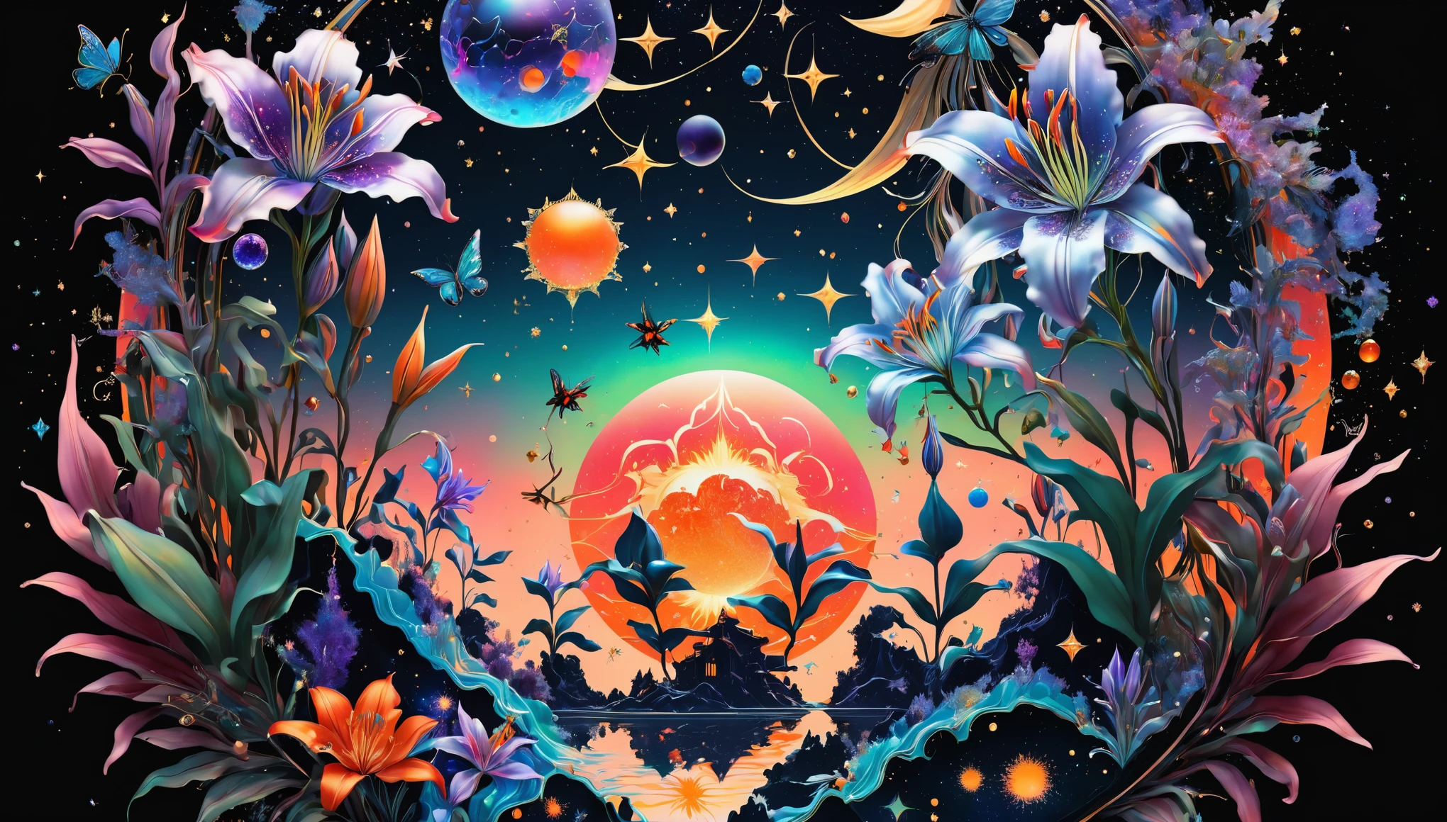 a deep black cosmic backdropStars Planets Suns and Moons Colorful Paint Splash Cute glitter vector graphic design featuring intricate and complex symbols with the ethereal beauty of a celestial palace known as the Galactic Citadel, bathed in brilliant light.The Neon Bioluminescent colors Cosmic Black, icy Red,14 kt solid Gold color. Create a fusion of These symbols,Fiery pink roses, bioluminescent neon blue, orange green lilies, fiery bioluminescent Red rubies, purple and white diamonds with lots of violet sapphires and emeralds butterflies and bees--ar 16:9 --style raw --stylize 400 *