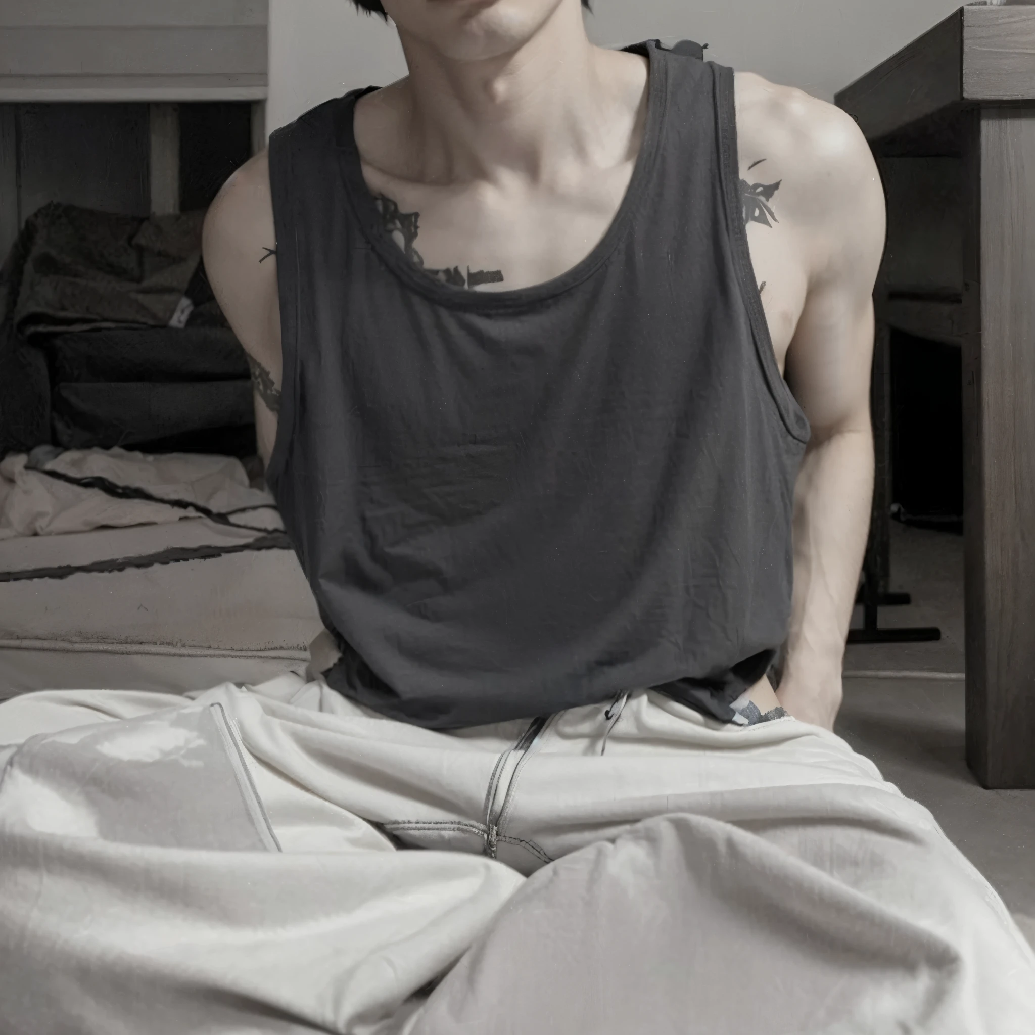 hay un hombre sentado en el suelo con los pies cruzados, agotador a low cut Camiseta sin mangas, agotador a Camiseta sin mangas, agotador a baggy, agotador Camiseta sin mangas, agotador a muscle tee shirt, androgynous person, androgynous, agotador a vest top, agotador tank top, desaturado!, desaturado!!, desaturado, agotador : Camiseta sin mangas