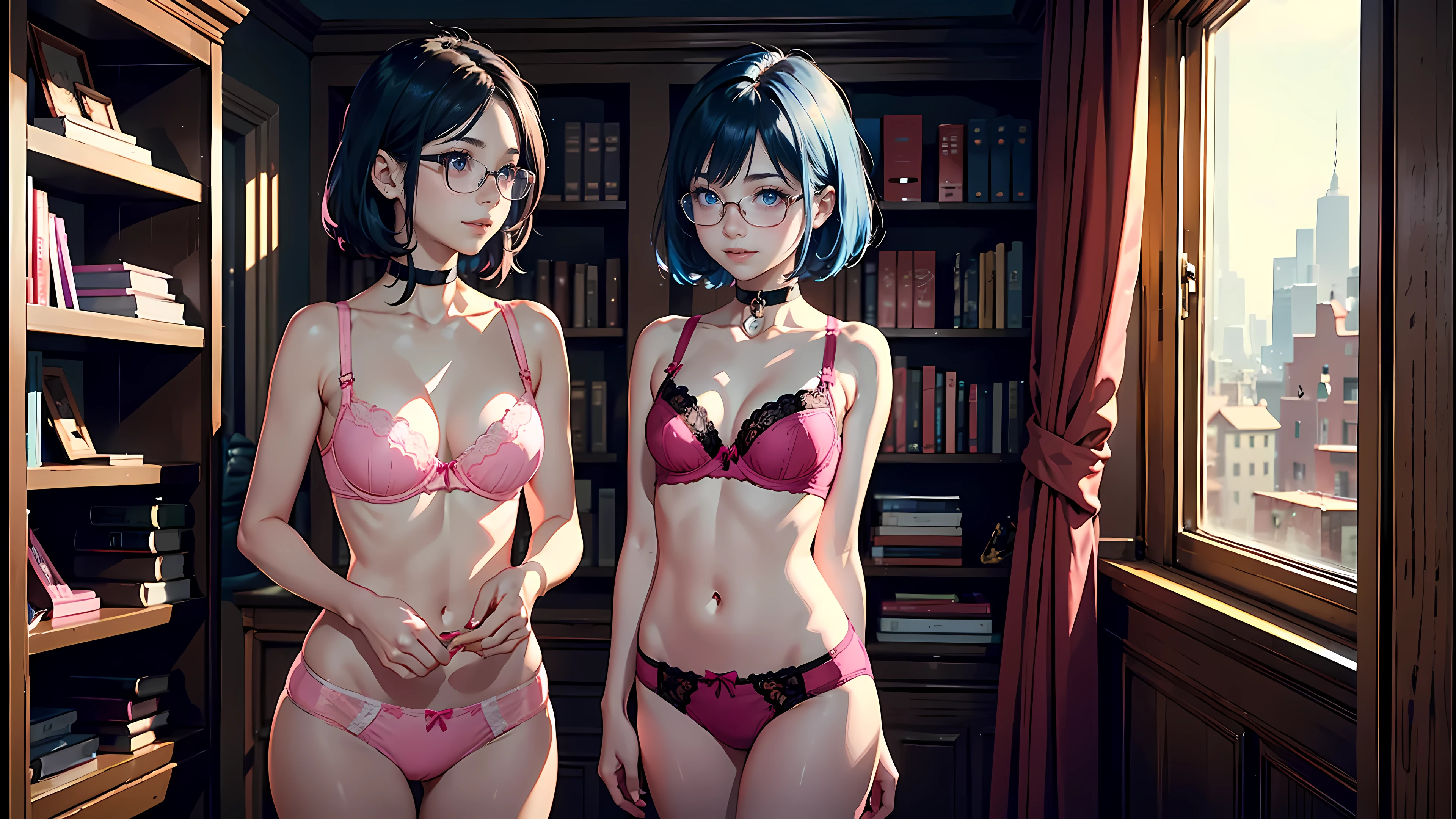 ((1girl)), one 21 year old girl,
short blue hair, big eyes, sweet smile, small breasts, thin hips,
glasses, choker collar, pink bra, pink panties,
library, bookcases, books,
open door, open window,
dramatic lighting, cinematic lighting,