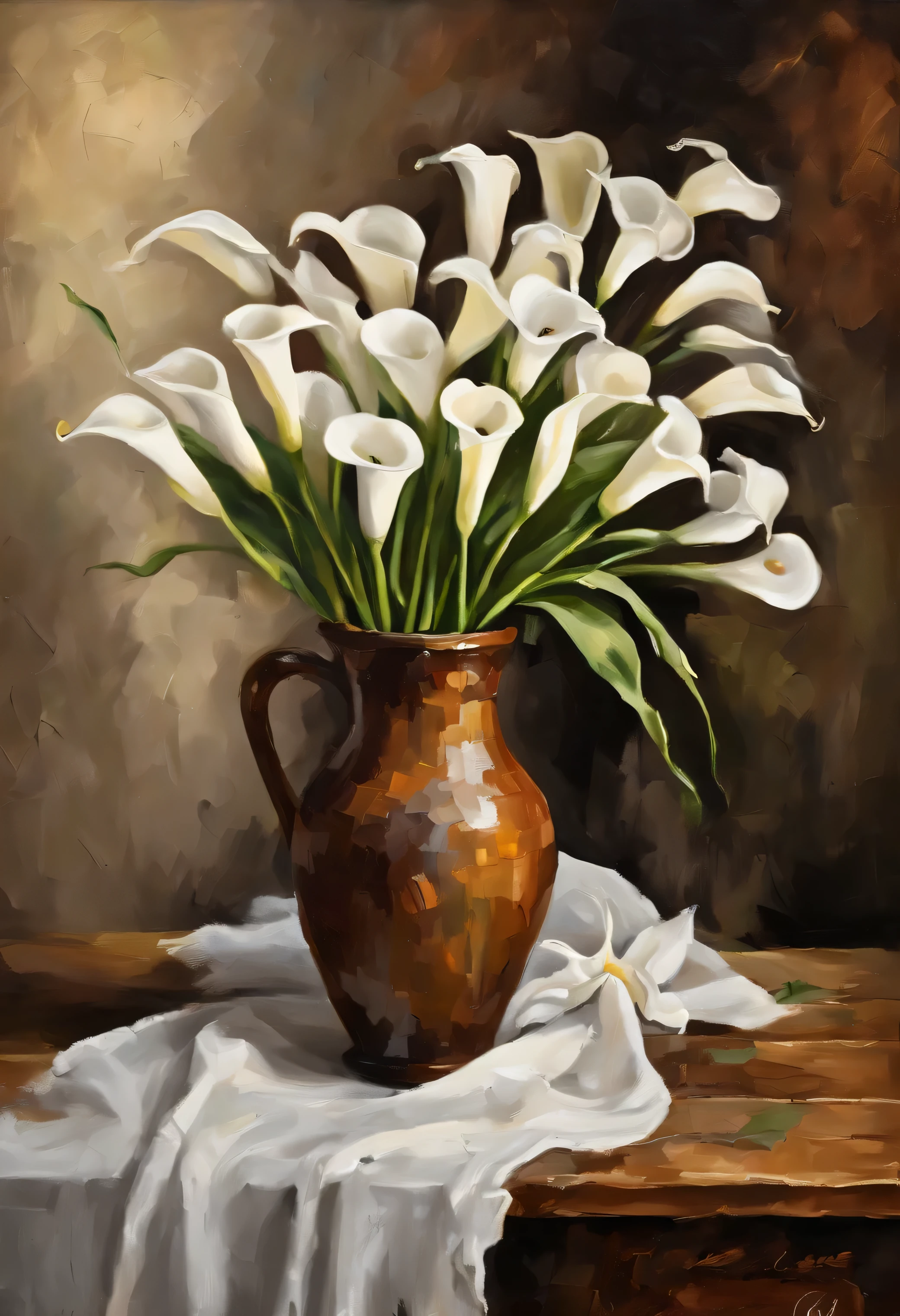 Brown vase with a lot of white Calla lily flowers on a small square table covered with an old rustic table cloth