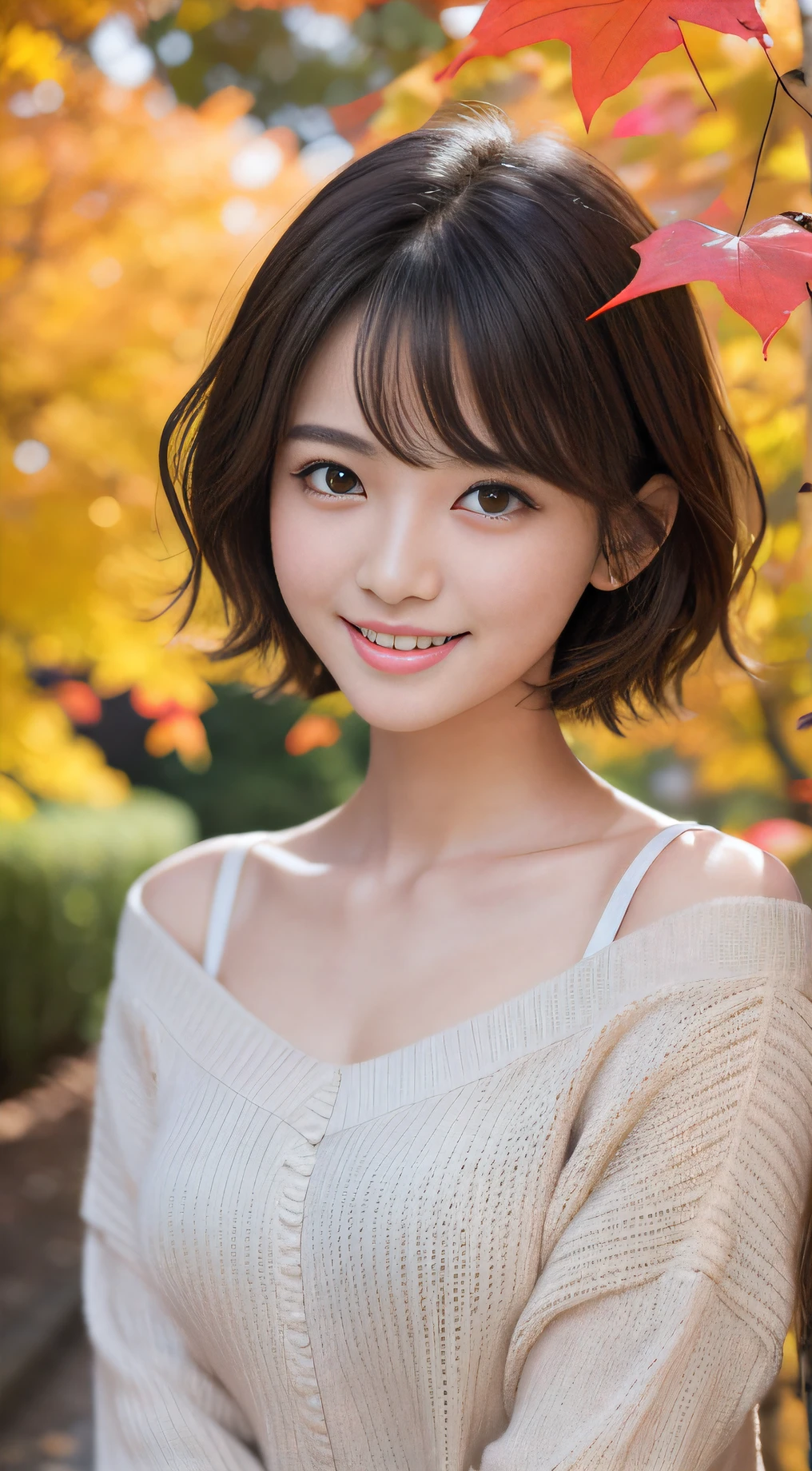 table top, highest quality, figure, super detailed, finely, High resolution, 8k wallpaper, 完璧なダイナミックな構figure、close up of face、27 year old pretty girl、detailed beautiful face、finelyて可愛い目、rough skin、shy smile、wavy brown short cut hair、small breasts、bold sexy pose、Sweater with one shoulder exposed、Ginkgo tree-lined promenade in autumn leaves、
