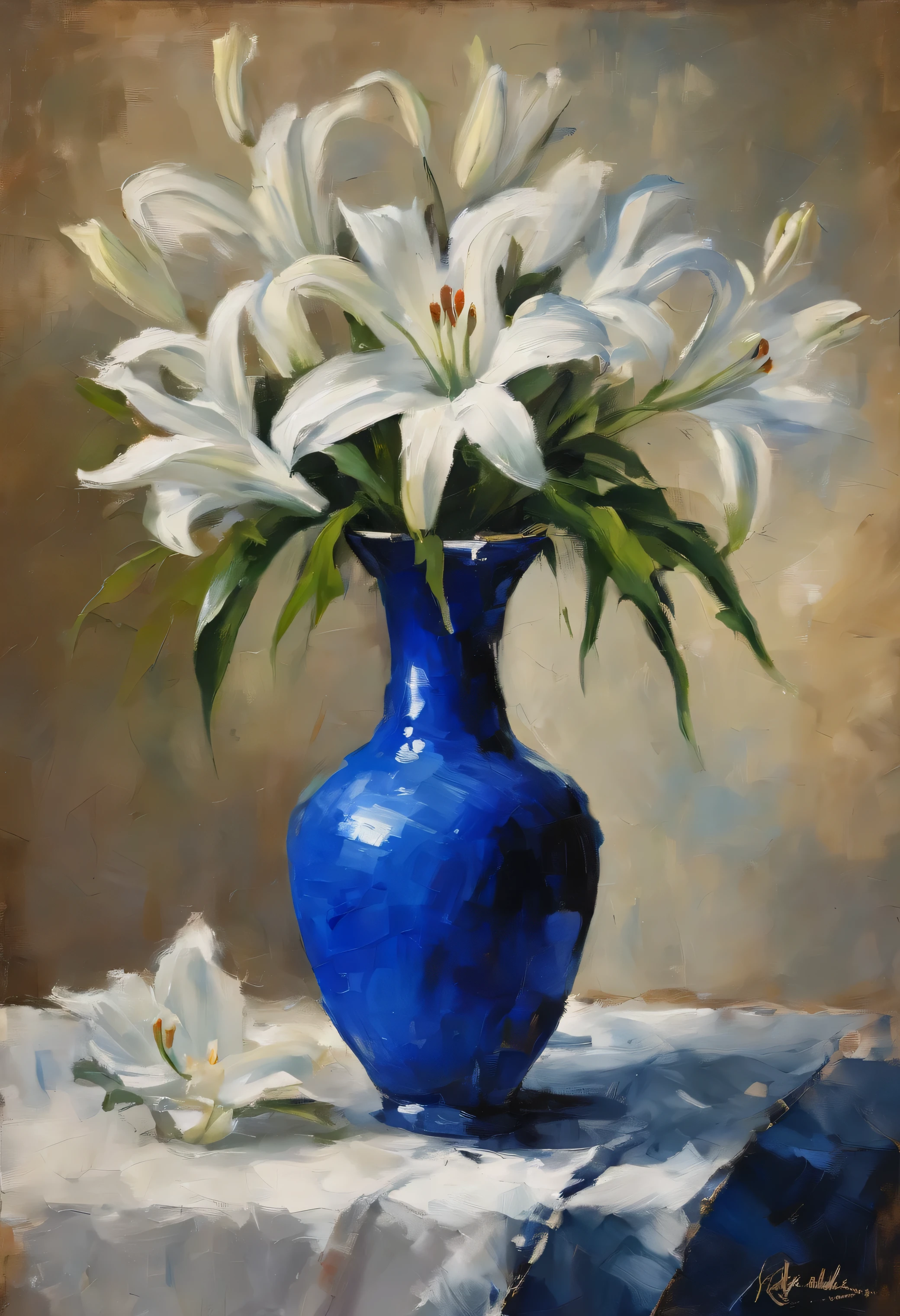 Royal blue vase with a lot of white Lily 'Stargazer' flowers on a small square table covered with an old rustic table cloth