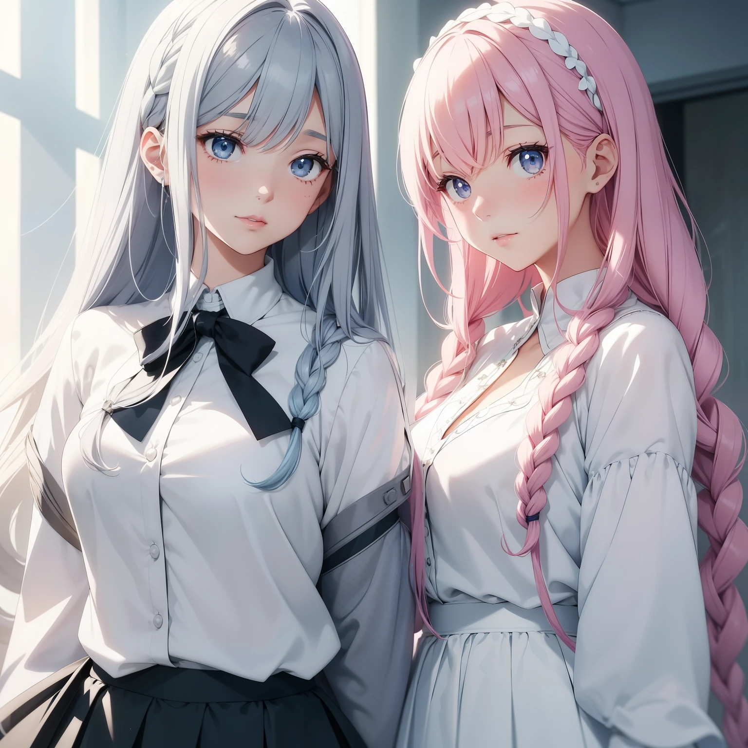 Beautiful anime girls with pink braids, short gray skirts, blue blouses with white polka dots, fair complexions, and pristine white faces. The exquisite details of their anime-style features are accentuated against the plain background of their simple outfits. The realistic light and shadow play on their smooth white skin, creating a stunning contrast. The pink braids cascade down their shoulders, framing their delicate faces. Their gray skirts are short and modest, emphasizing their delicate legs. The blue blouses, adorned with white ceros, add a playful touch to their outfits. Despite their anime appearance, their complexions remain fair and flawless, and their features are