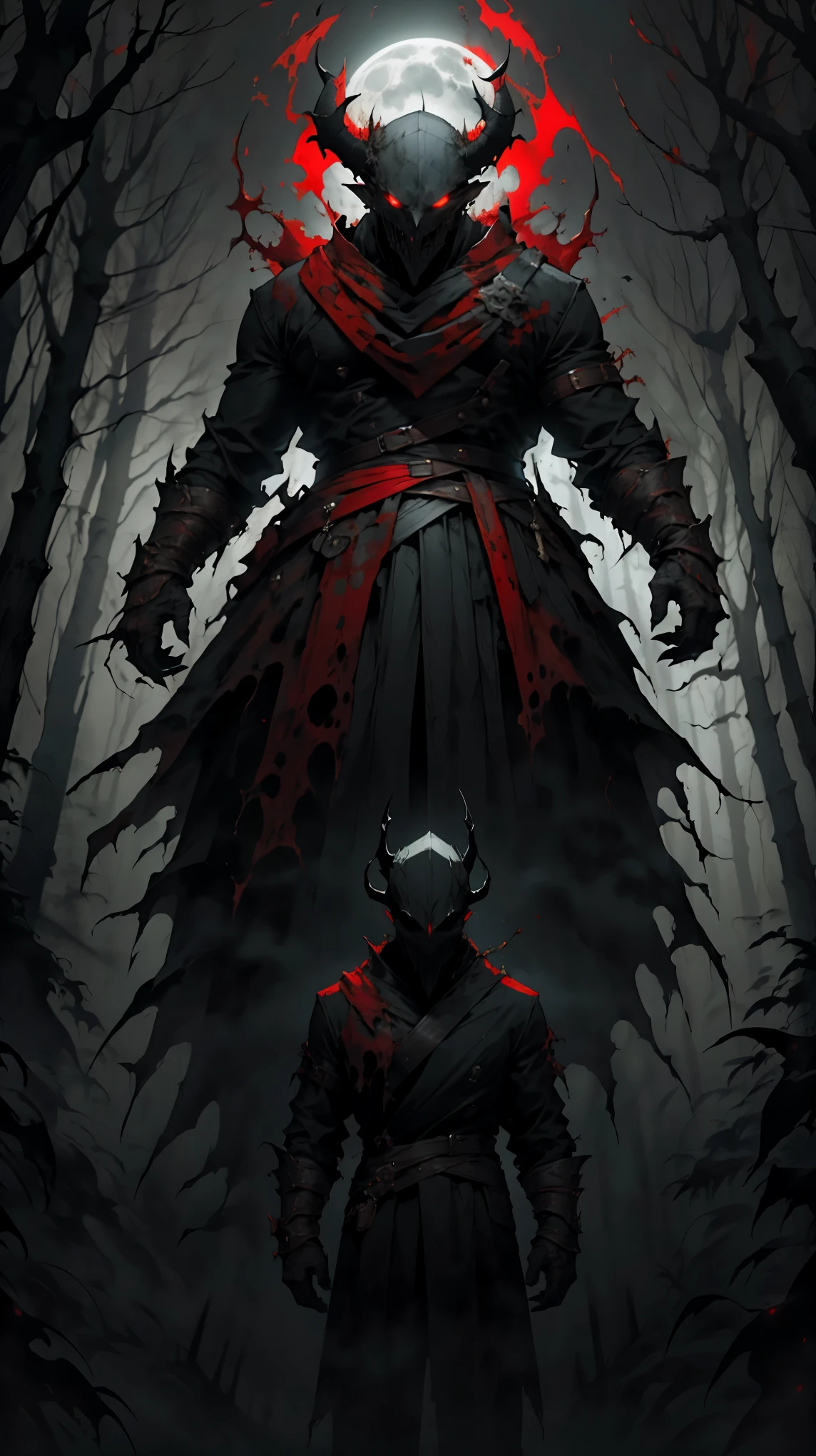(detailed horns mask:1.2),(dark,evil) atmosphere,(mysterious,ominous,gritty) texture,1demonic character,sharp fangs,glowing red eyes,long sharp horns,pale skin,black claws,overgrown dark forest,ominous moonlight,heavy fog,spooky ambiance,bloody red color scheme,haunting shadows,creepy mist,horror genre,nightmarish,dynamic lighting,high contrast,ethereal feel,vivid colors